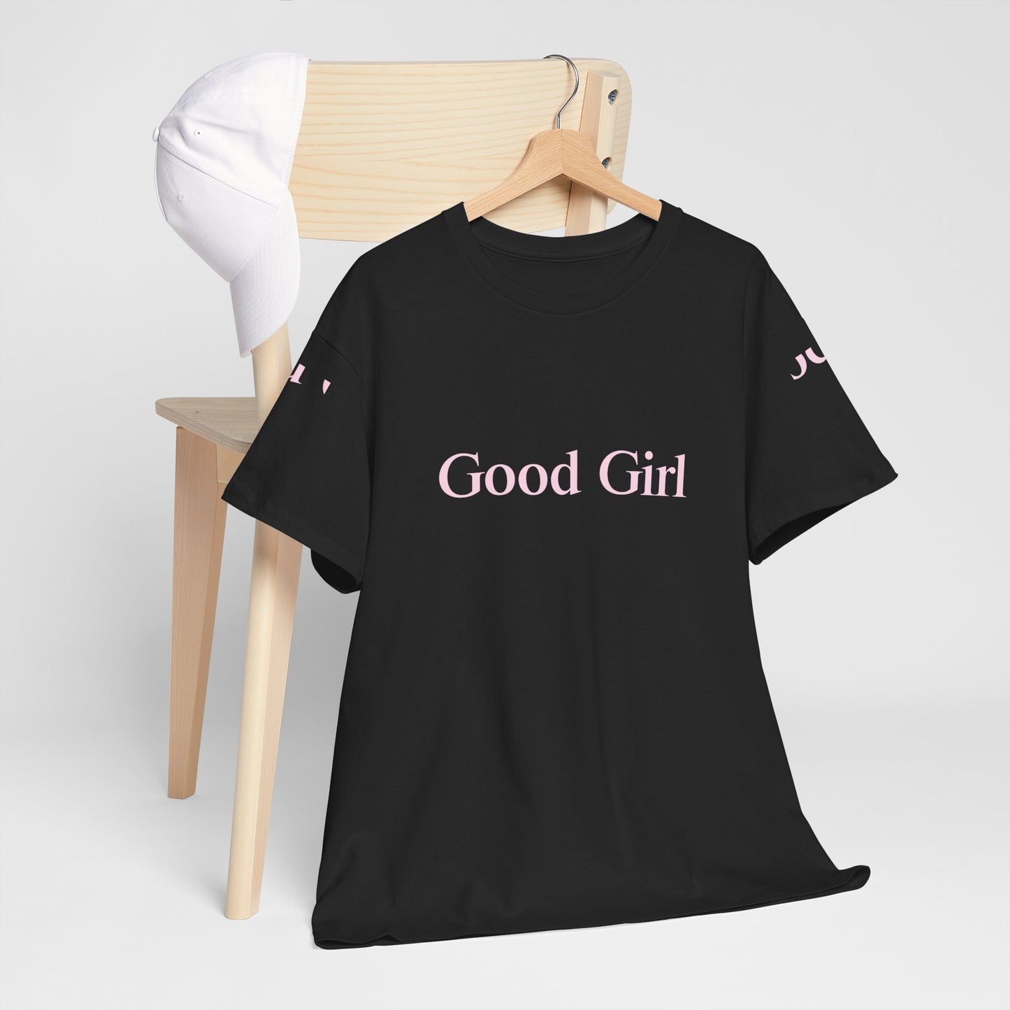 Good Girl Unisex Heavy Cotton Tee with Baby Pink Letters