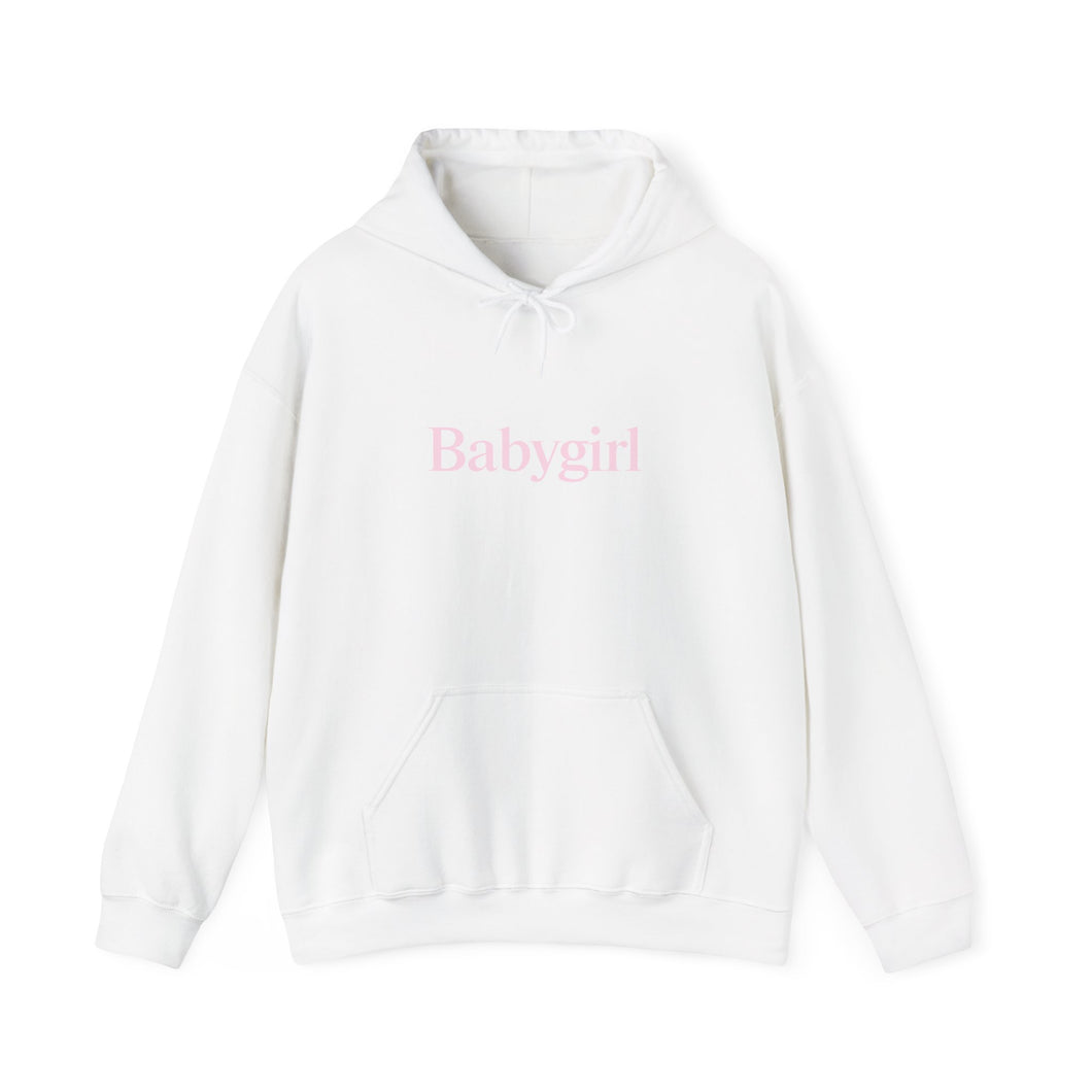 Babygirl Unisex Heavy Blend Hooded Sweatshirt with Baby Pink Letters