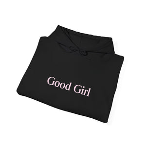 Good Girl Unisex Heavy Blend Hoodie Sweatshirt with Baby Pink Letters