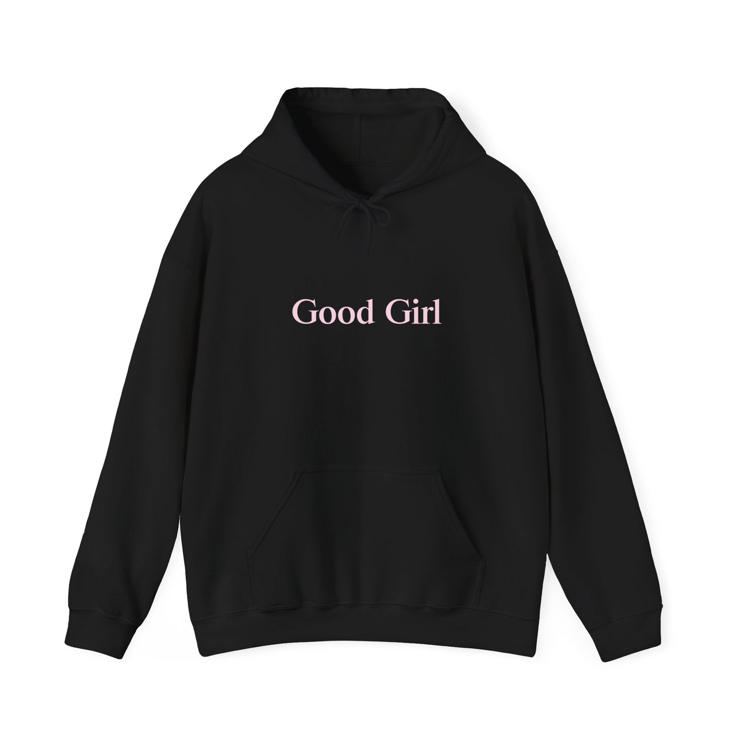 Good Girl Unisex Heavy Blend Hoodie Sweatshirt with Baby Pink Letters