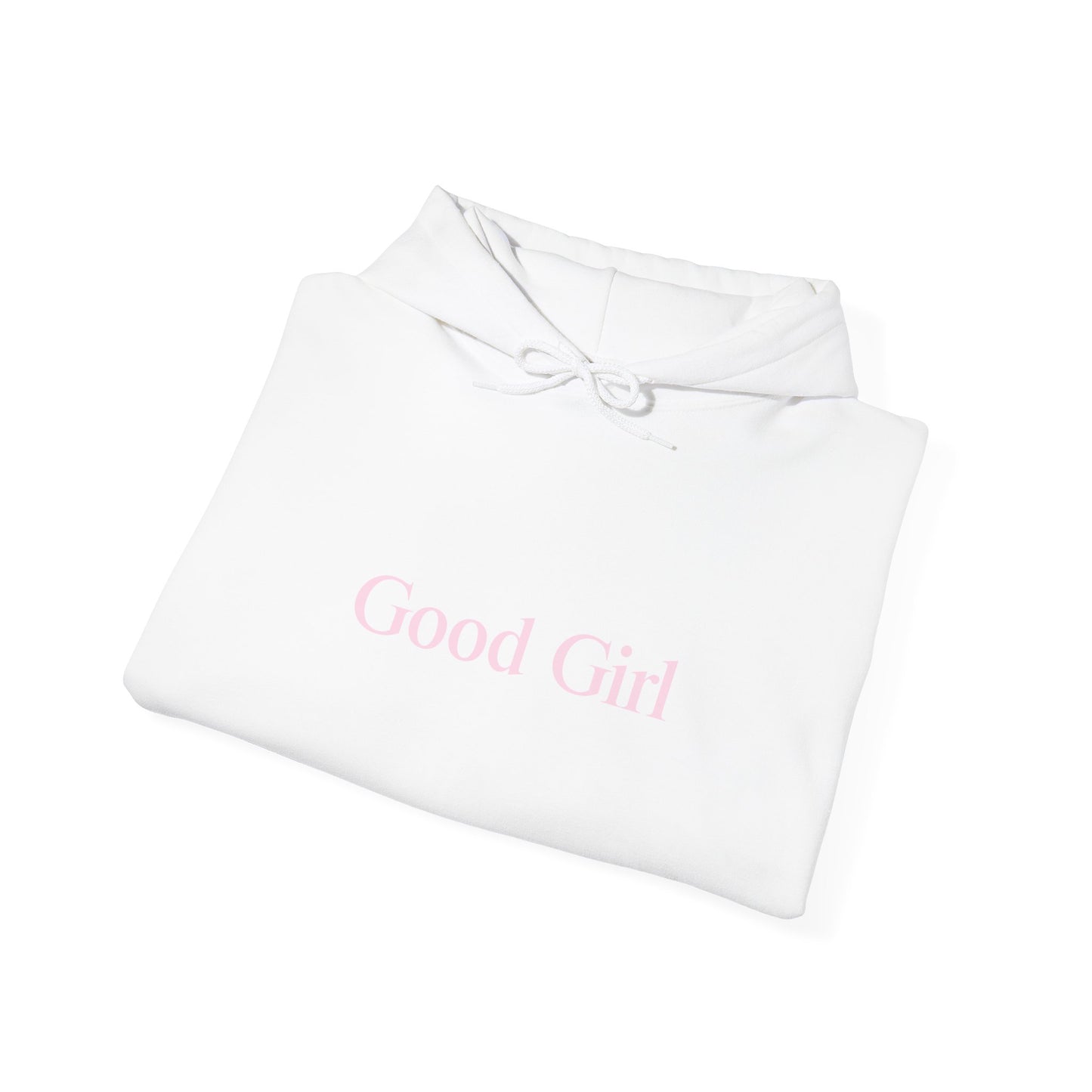 Good Girl Unisex Heavy Blend Hoodie Sweatshirt with Baby Pink Letters