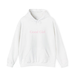 Good Girl Unisex Heavy Blend Hoodie Sweatshirt with Baby Pink Letters