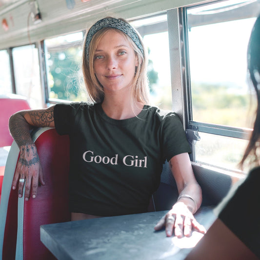 Good Girl Unisex Heavy Cotton Tee with Baby Pink Letters