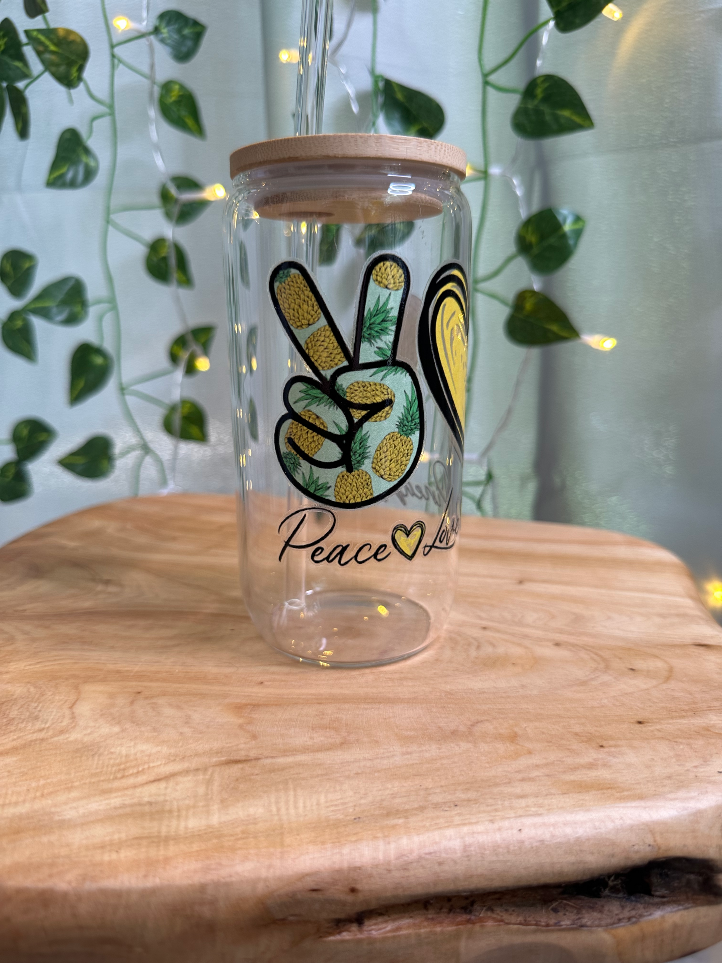 Peace, Love & Pineapple 16oz Libby Glass Jar w/Bamboo Lid & Straw