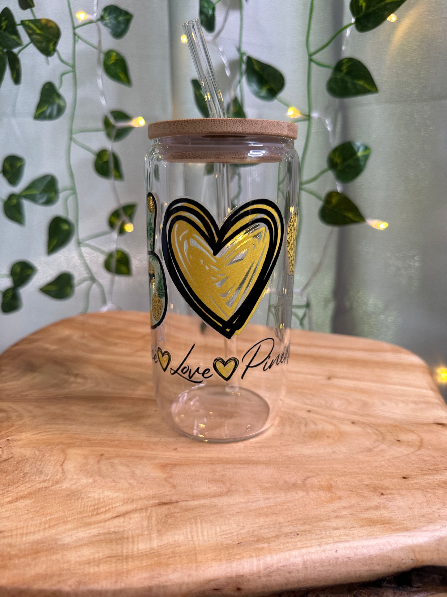 Peace, Love & Pineapple 16oz Libby Glass Jar w/Bamboo Lid & Straw