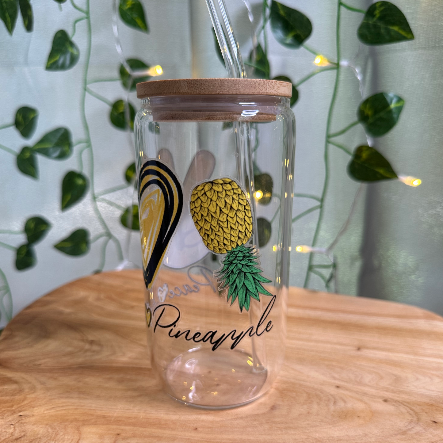 Peace, Love & Pineapple 16oz Libby Glass Jar w/Bamboo Lid & Straw