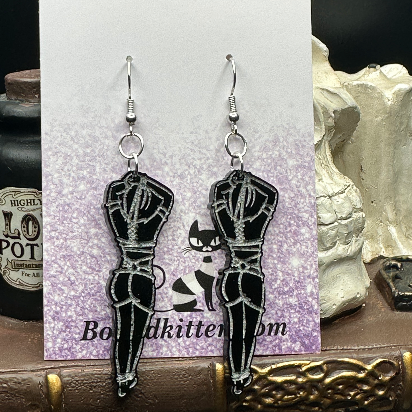 Bondage Shibari Submissive Women Black Acrylic Earrings