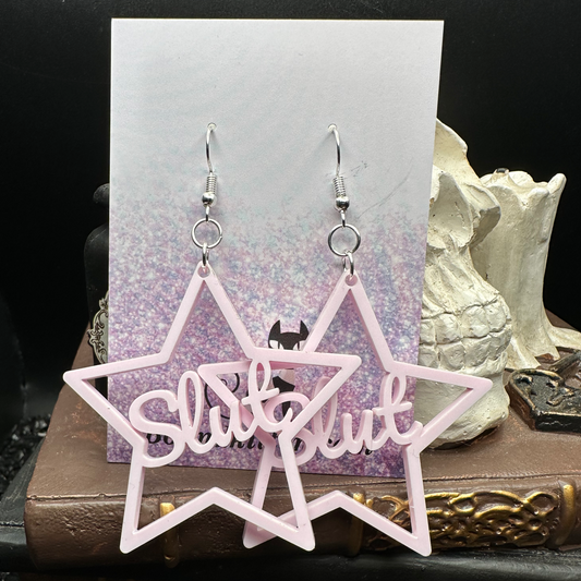 BDSM Slut Earrings, Rose Pink Acrylic