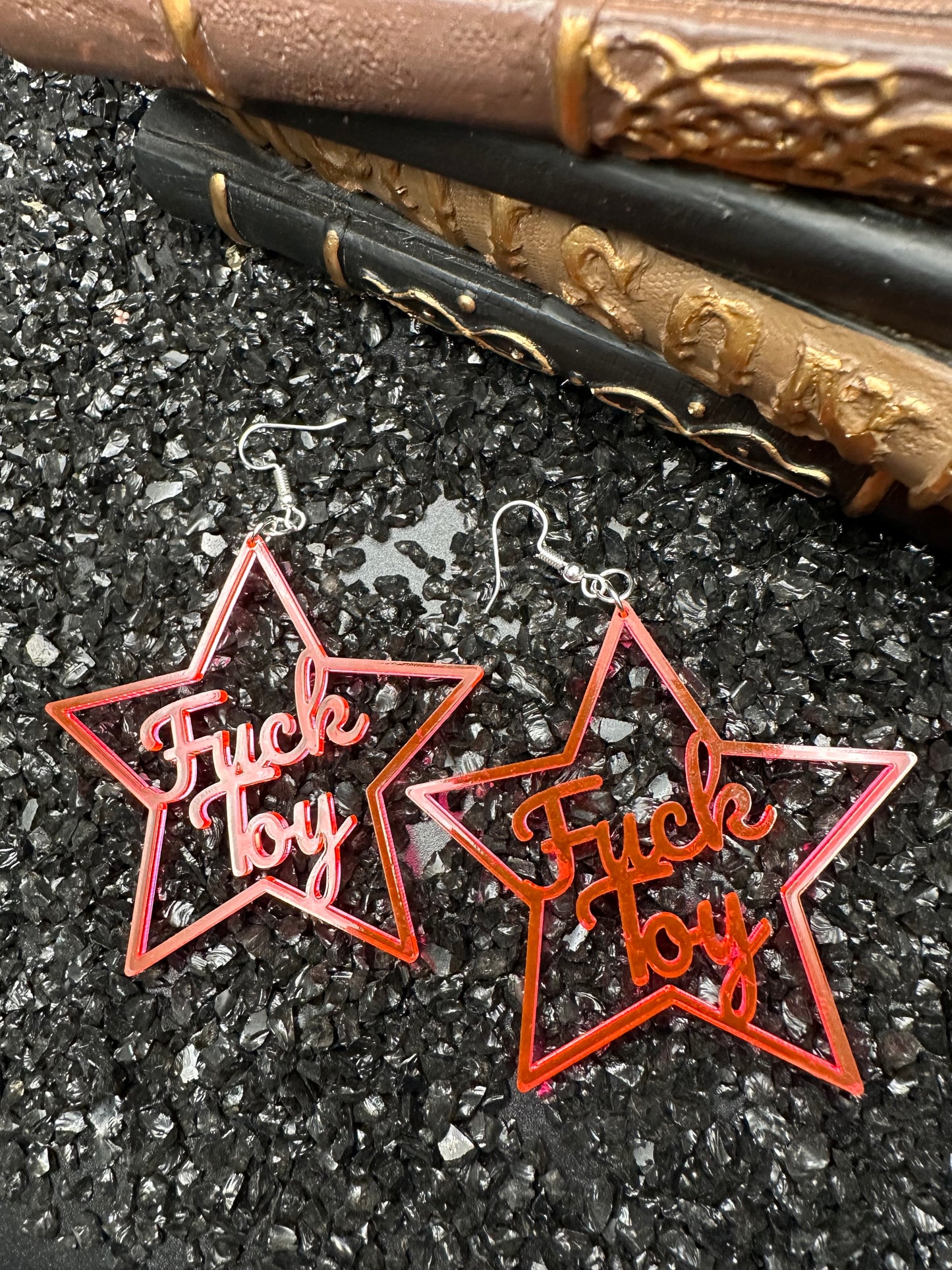 BDSM Fuck Toy Earrings, Neon Pink Acrylic