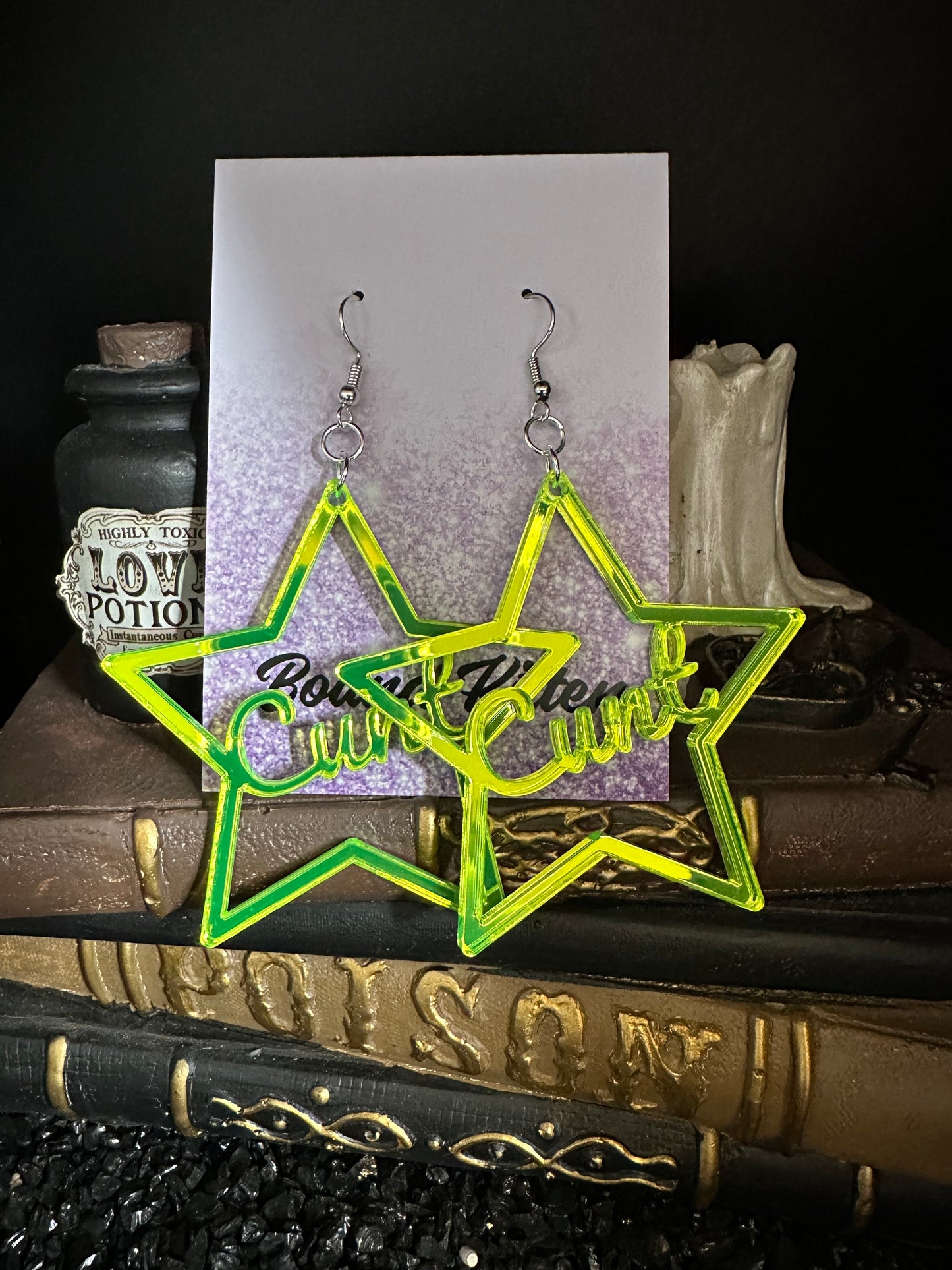 BDSM Cunt Earrings, Mirrored Neon Lime Green Acrylic