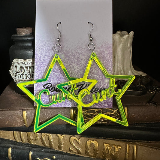 BDSM Cunt Earrings, Mirrored Neon Lime Green Acrylic