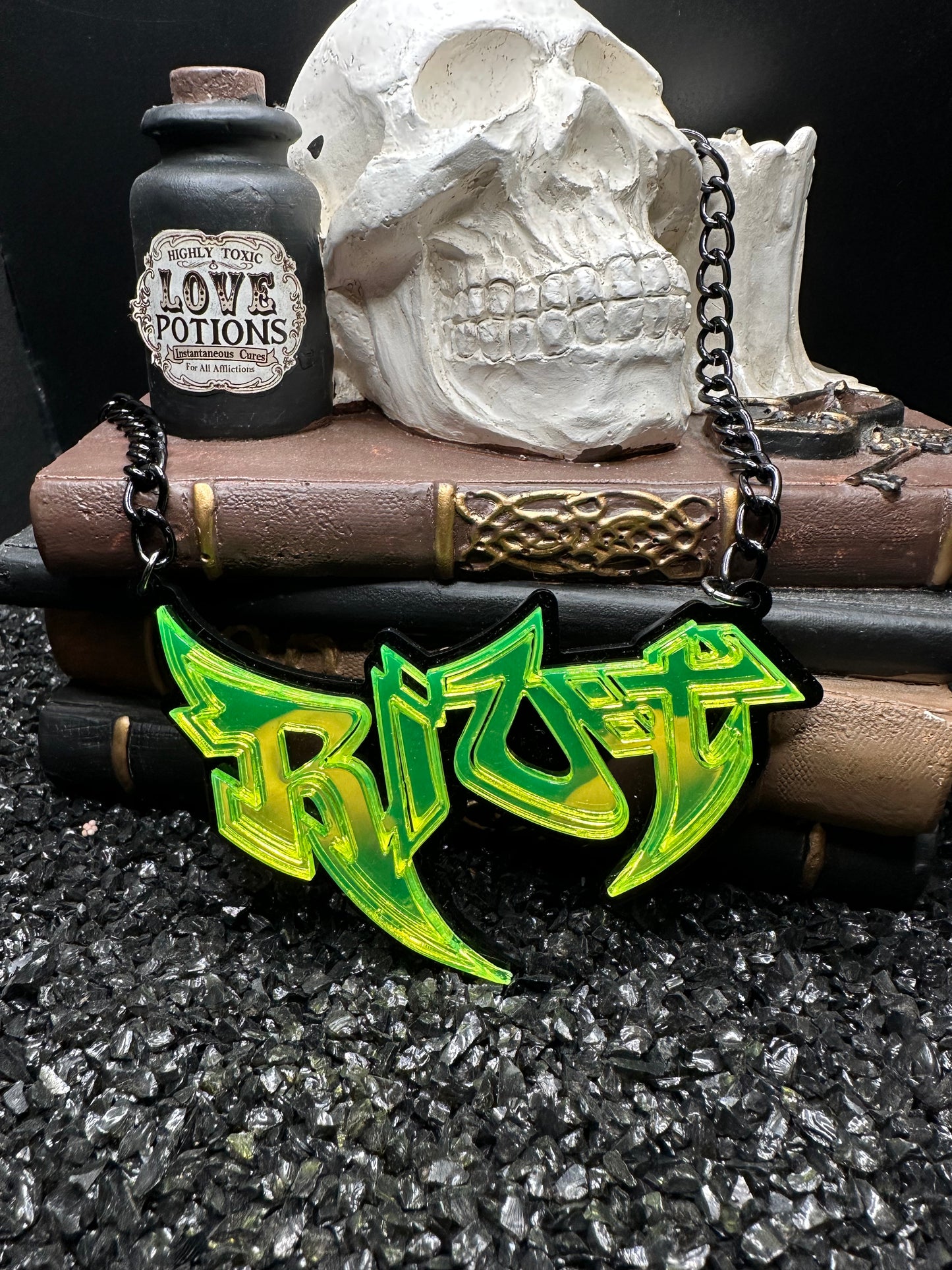 Riot Lime Green Mirrored Acrylic, Graffiti Nameplate Necklace