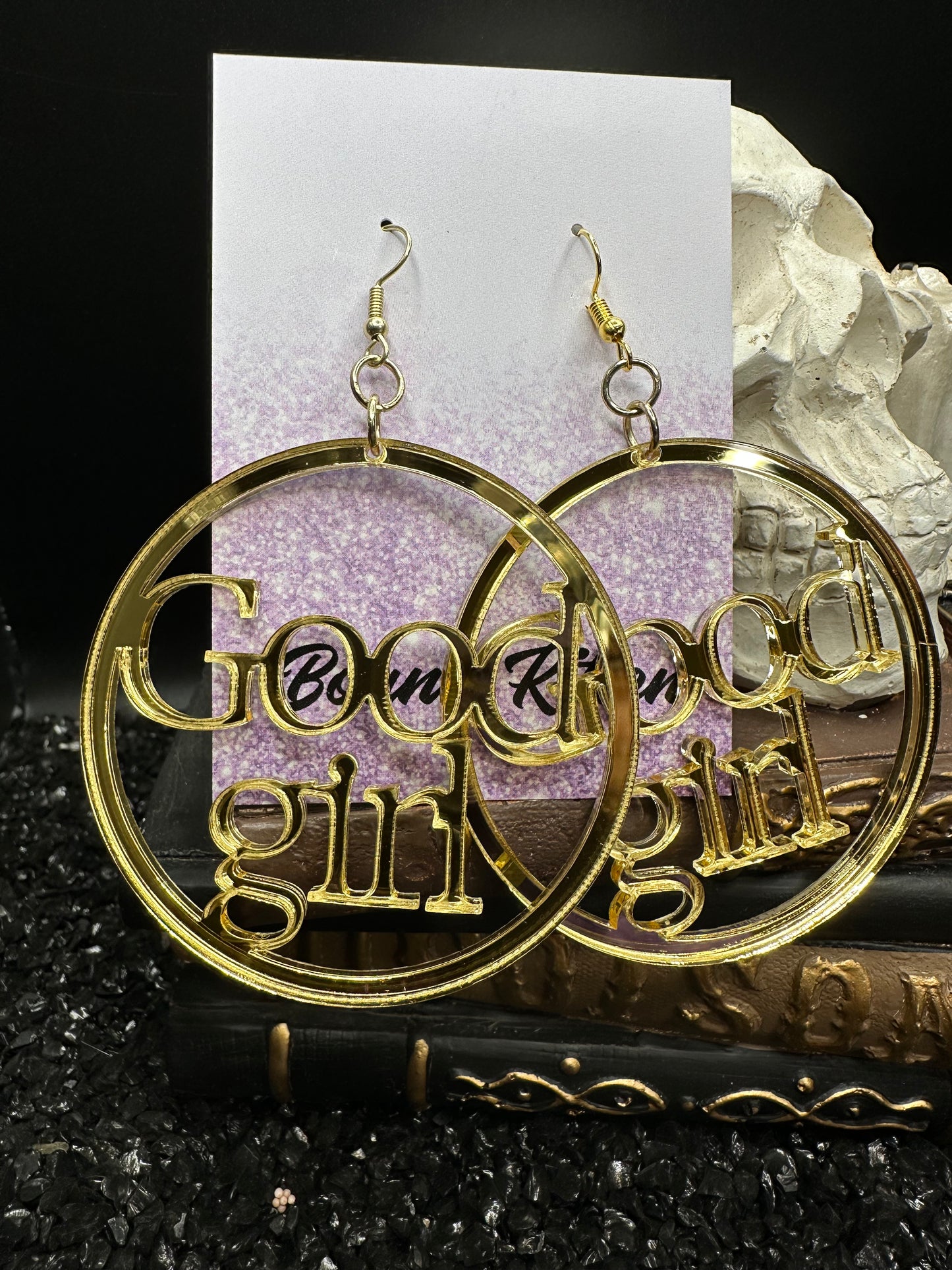 Boucles d'oreilles BDSM Good Girl, acrylique doré effet miroir