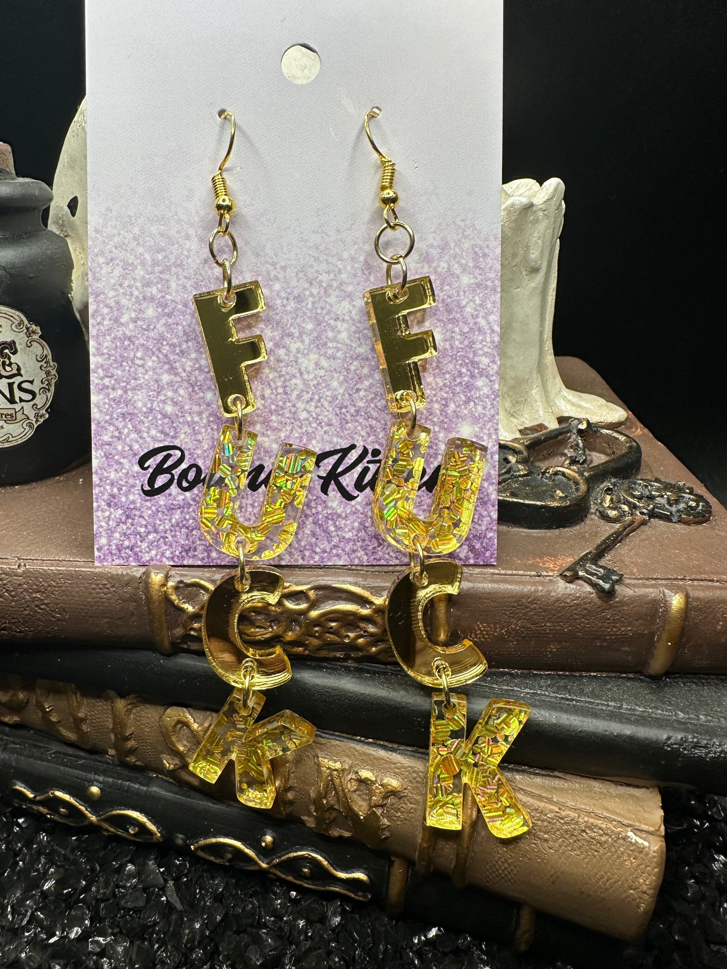 FUCK Mirrored Gold Acrylic Earrings