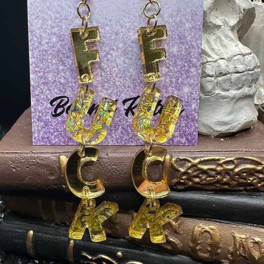 FUCK Mirrored Gold Acrylic Earrings