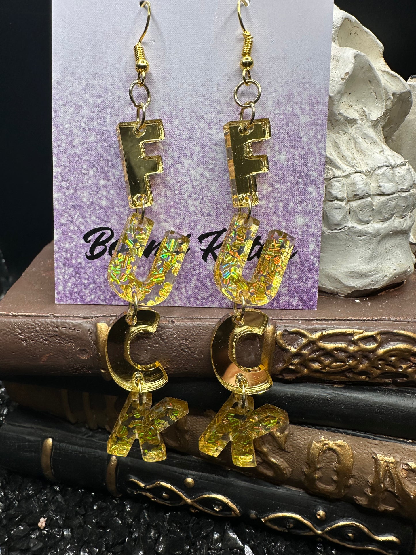 FUCK Mirrored Gold Acrylic Earrings