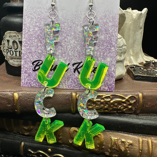 FUCK Mirrored Lime Green Acrylic Earrings