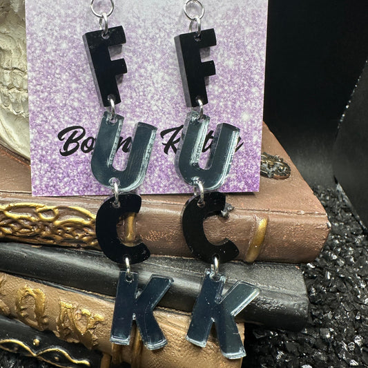 FUCK Mirrored Grey Acrylic Earrings