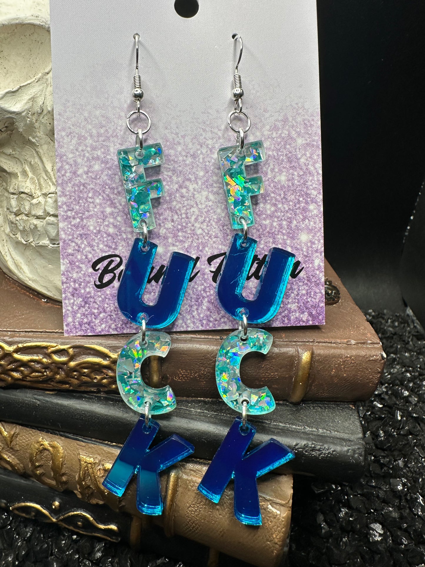 FUCK Mirrored Teal Acrylic Earrings