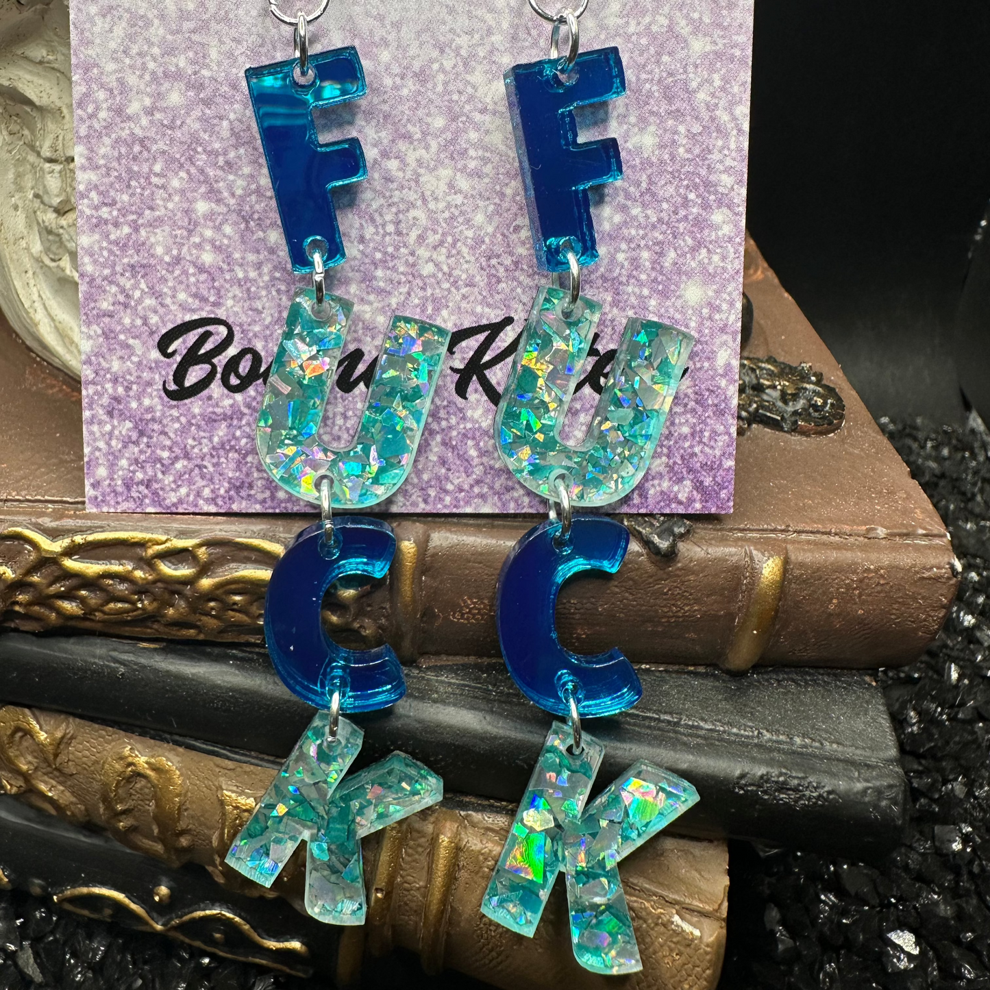 FUCK Mirrored Teal Acrylic Earrings