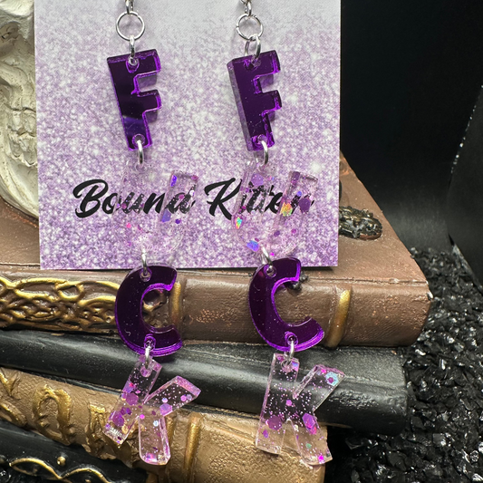 FUCK Mirrored Purple Acrylic Earrings