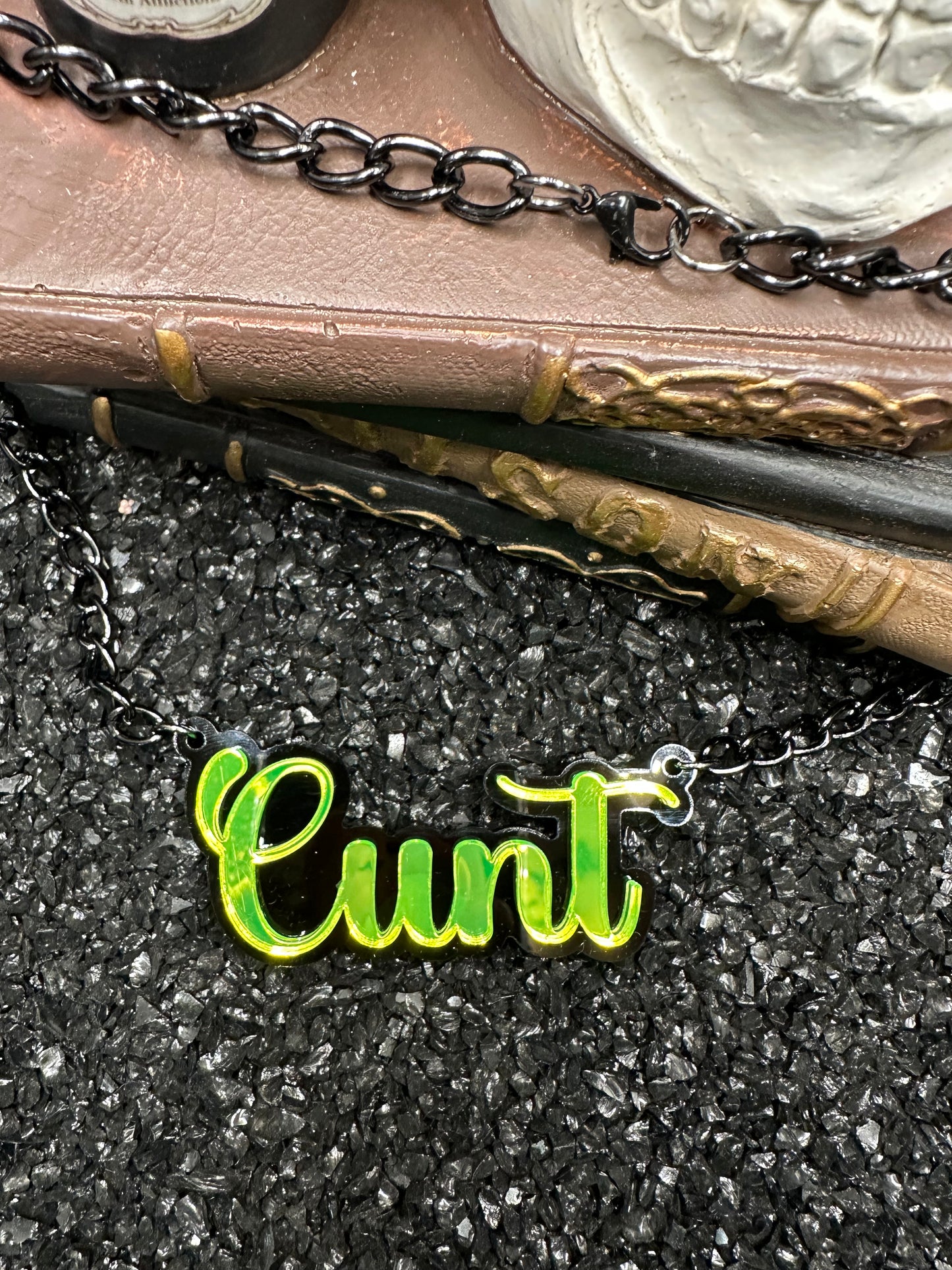 Cunt Lime Green Mirrored Acrylic Necklace