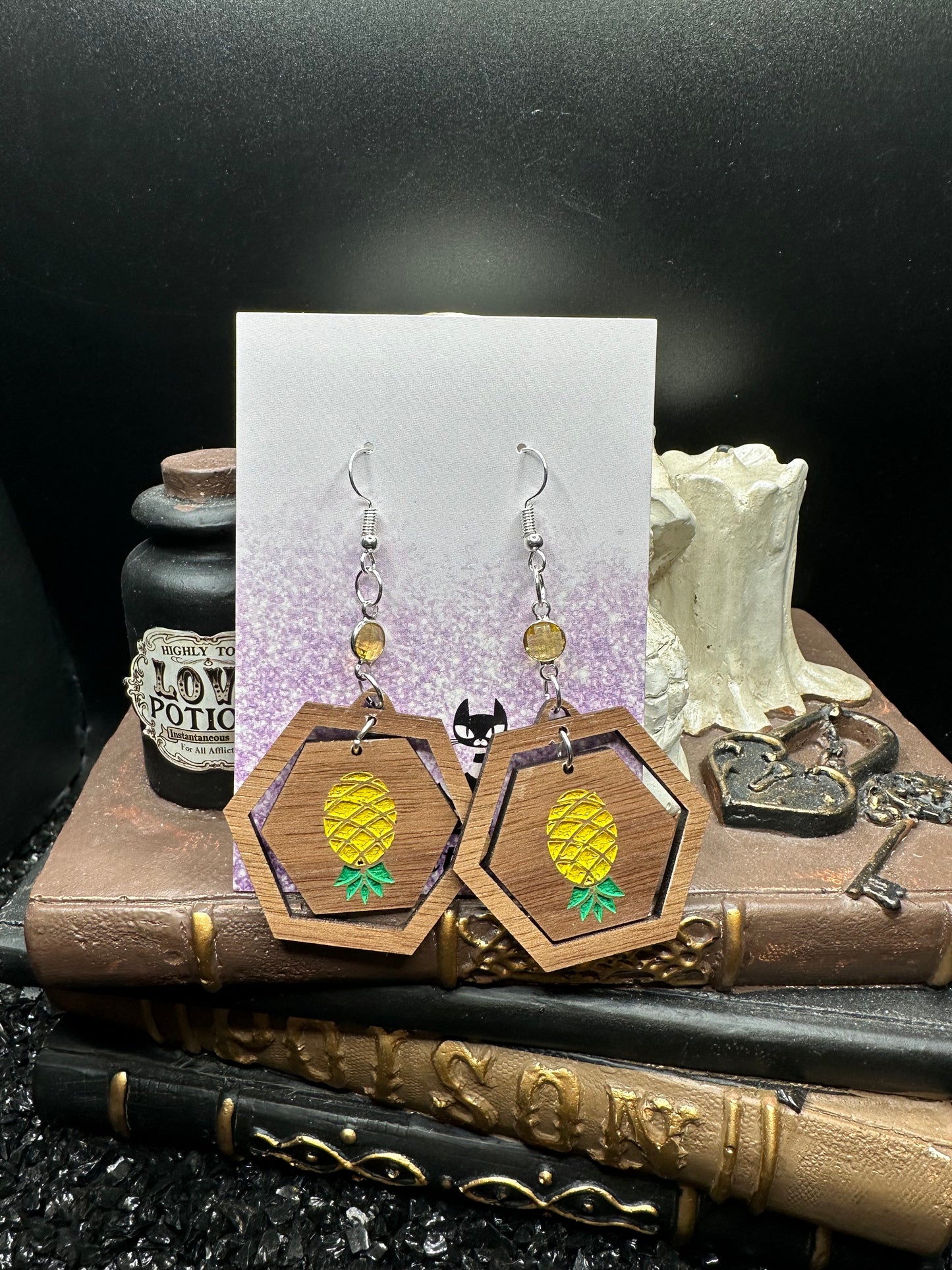 Upside Down Pineapple Hexagon Wood Earrings with Yellow Crystal