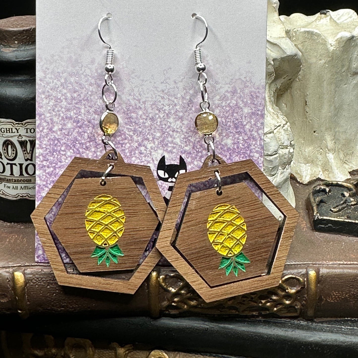 Upside Down Pineapple Hexagon Wood Earrings with Yellow Crystal