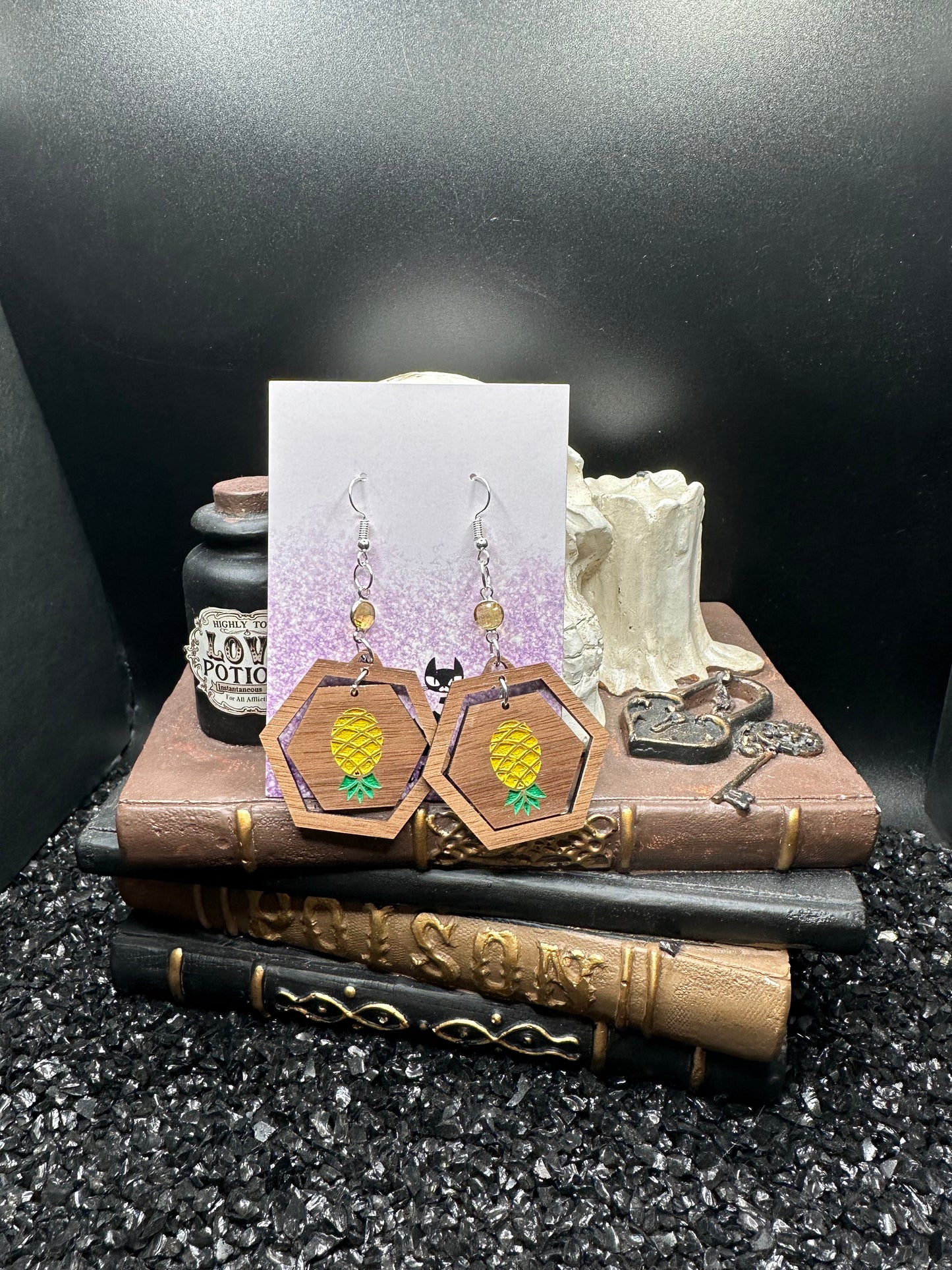 Upside Down Pineapple Hexagon Wood Earrings with Yellow Crystal