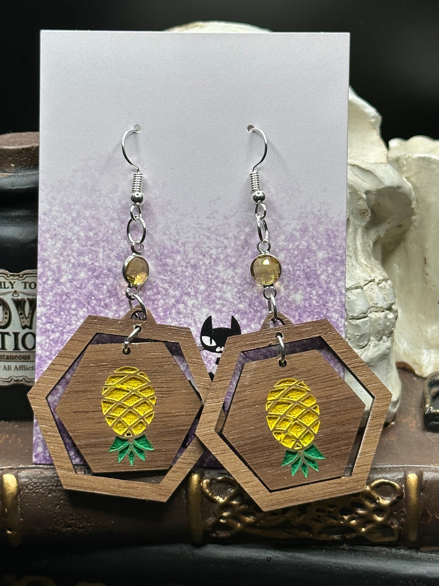 Upside Down Pineapple Hexagon Wood Earrings with Yellow Crystal