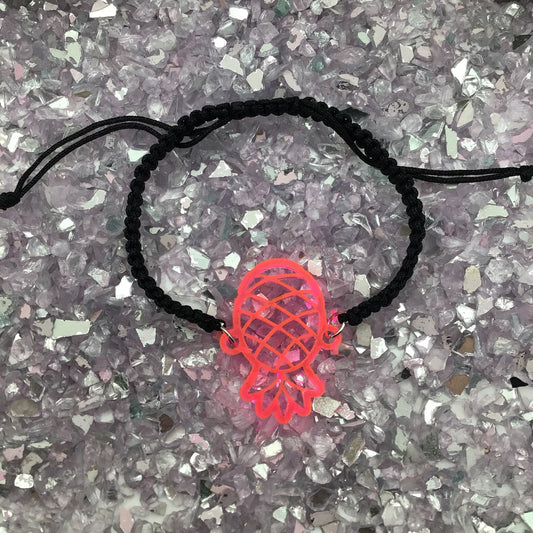 Upside Down Pineapple Hot Pink Acrylic on Adjustable Black Cord Bracelet