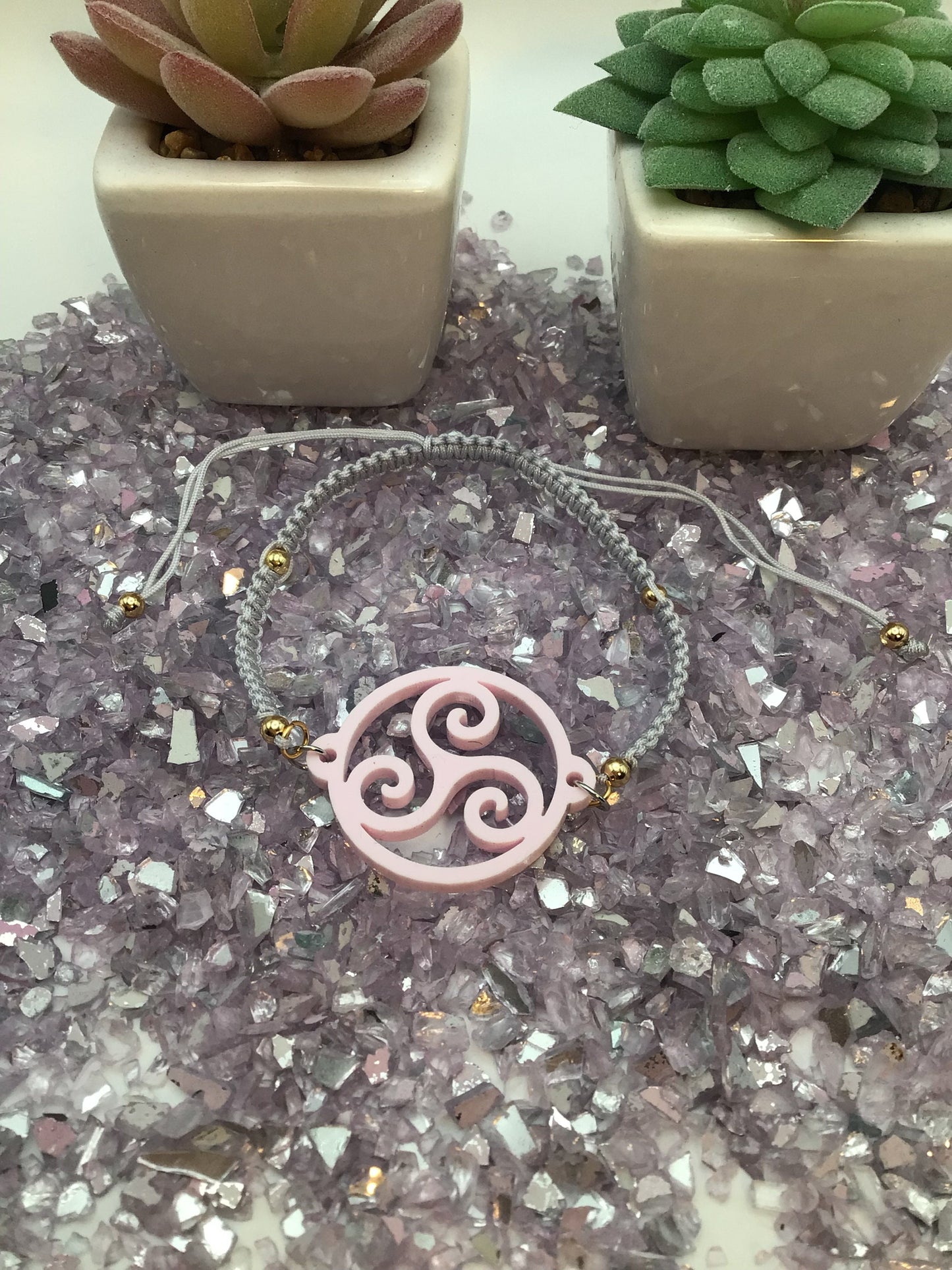 BDSM Triskelion Tulip Pink Acrylic on Adjustable Gray Bracelet