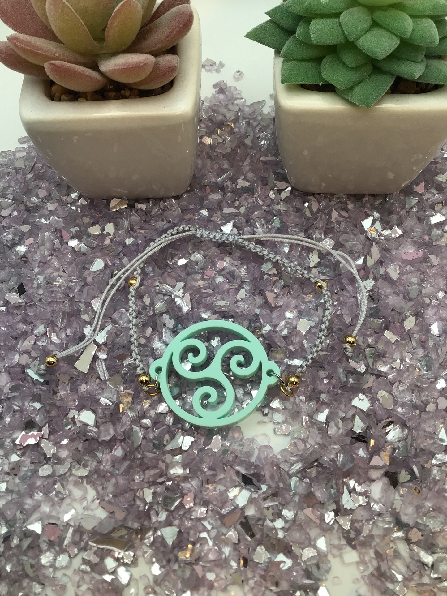 BDSM Triskelion Sea Holly Teal Acrylic on Adjustable Gray Bracelet