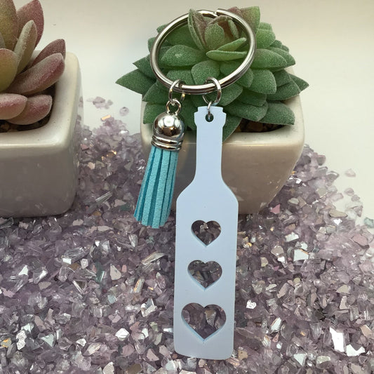 BDSM Heart Paddle Keyring, Baby Blue Acrylic