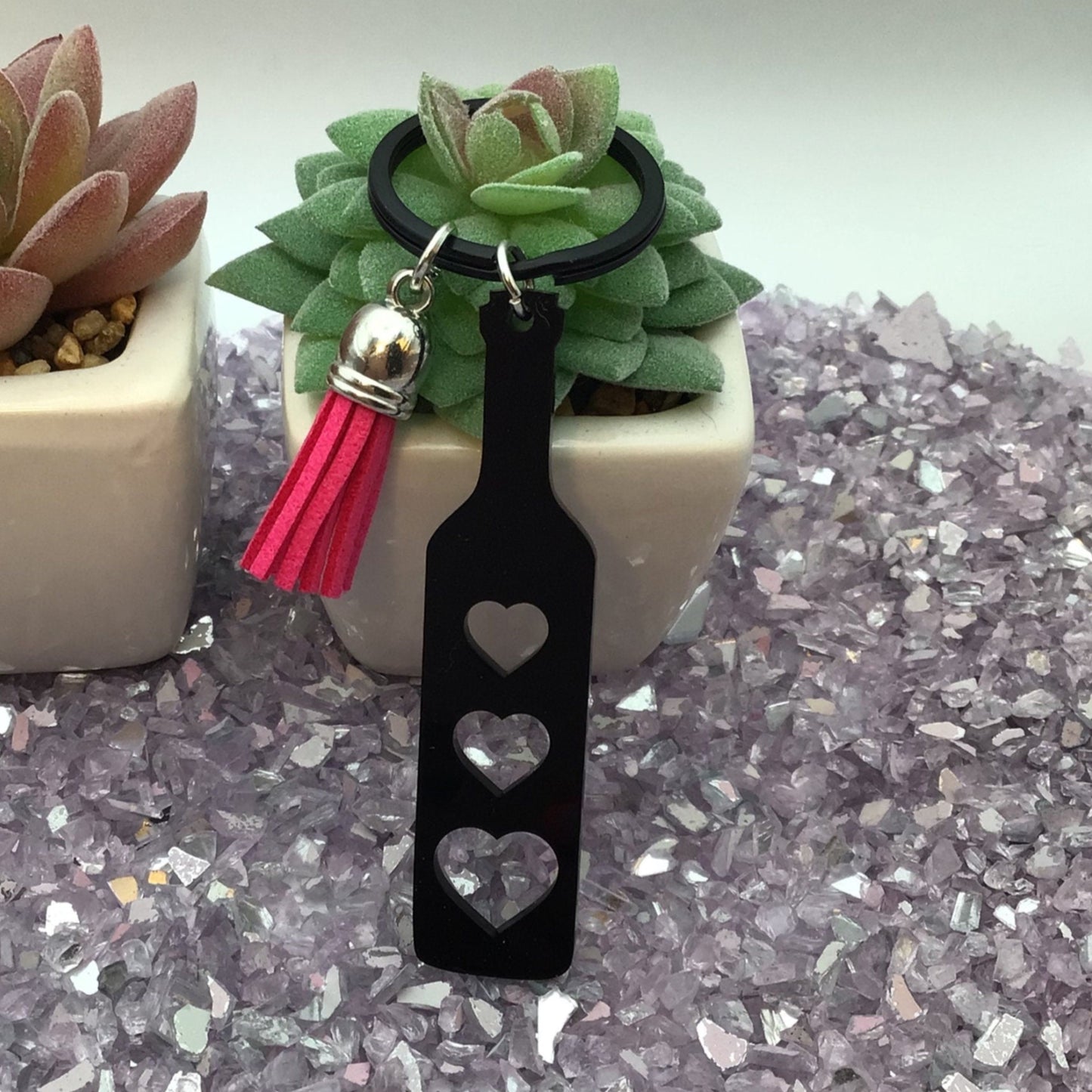 BDSM Heart Paddle Keyring, Black Acrylic w/Hot Pink Tassel