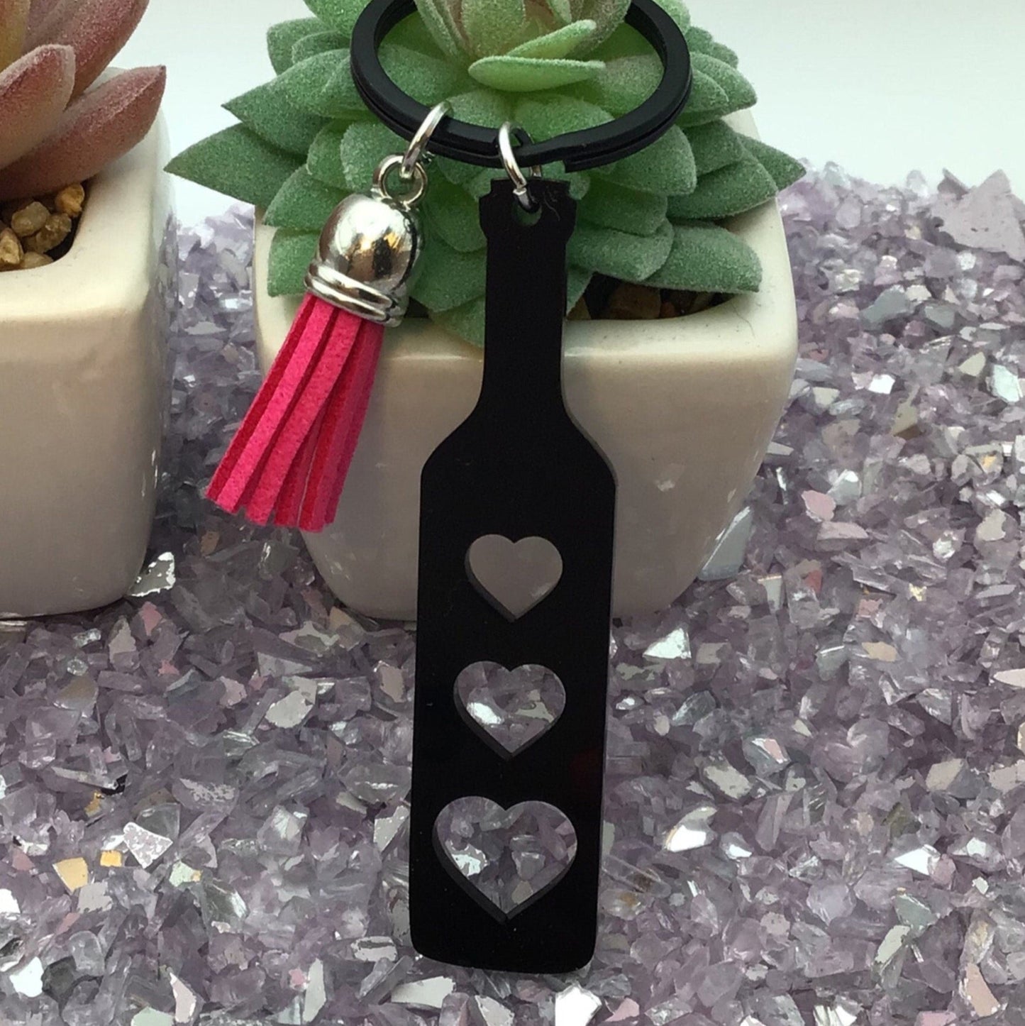 BDSM Heart Paddle Keyring, Black Acrylic w/Hot Pink Tassel