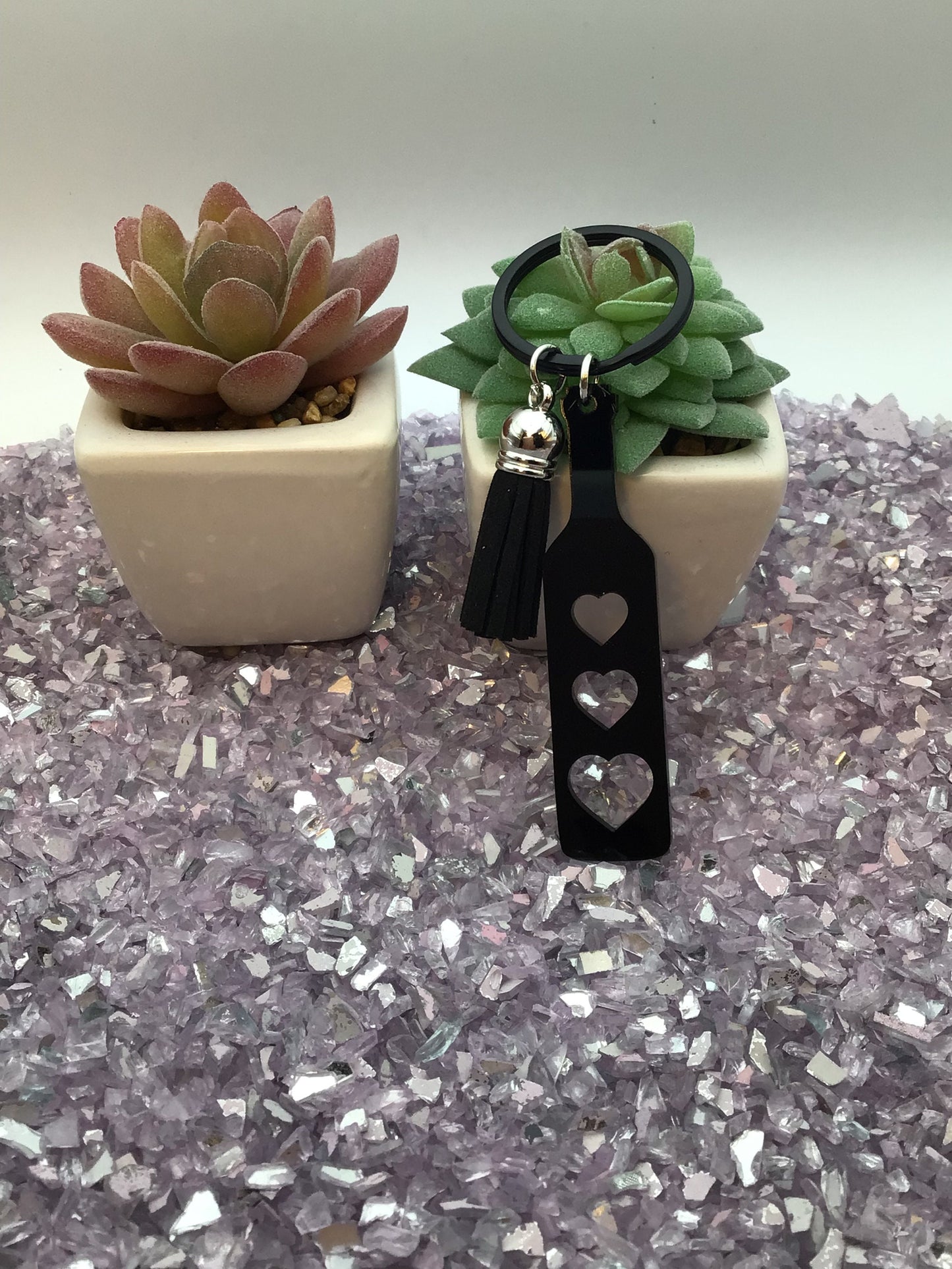 BDSM Heart Paddle Keyring, Black Acrylic w/Black Tassel