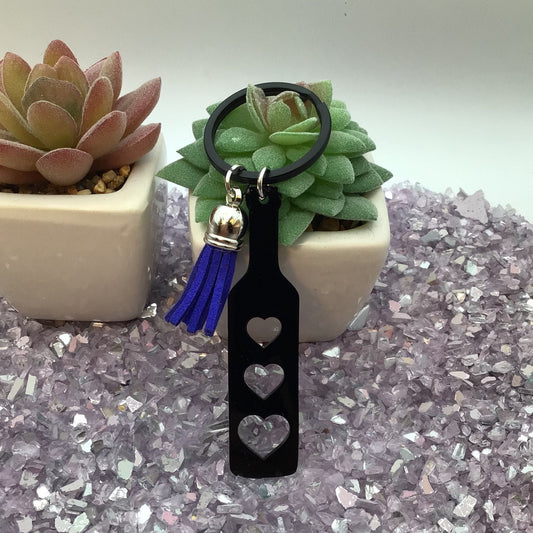 BDSM Heart Paddle Keyring, Black Acrylic w/Royal Blue Tassel