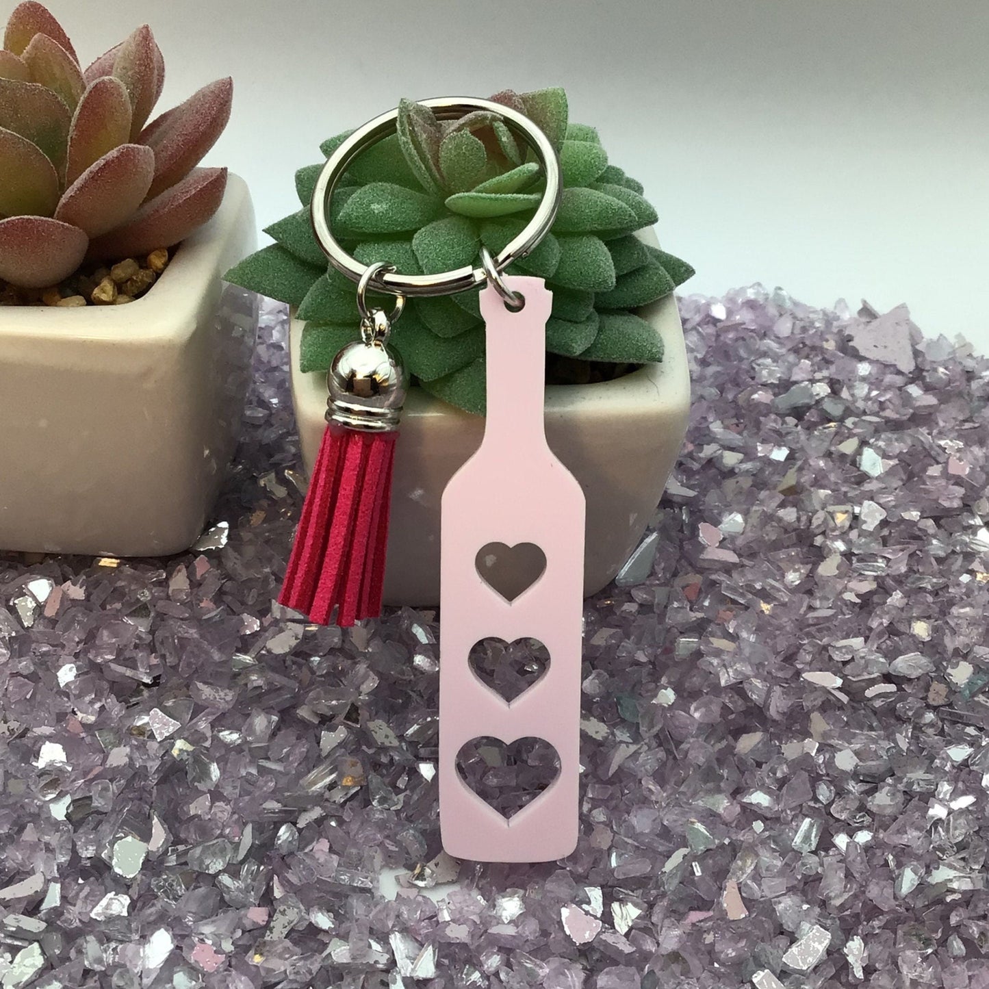 BDSM Heart Paddle Keyring, Tulip Pink Acrylic w/Fuchsia Pink Tassel