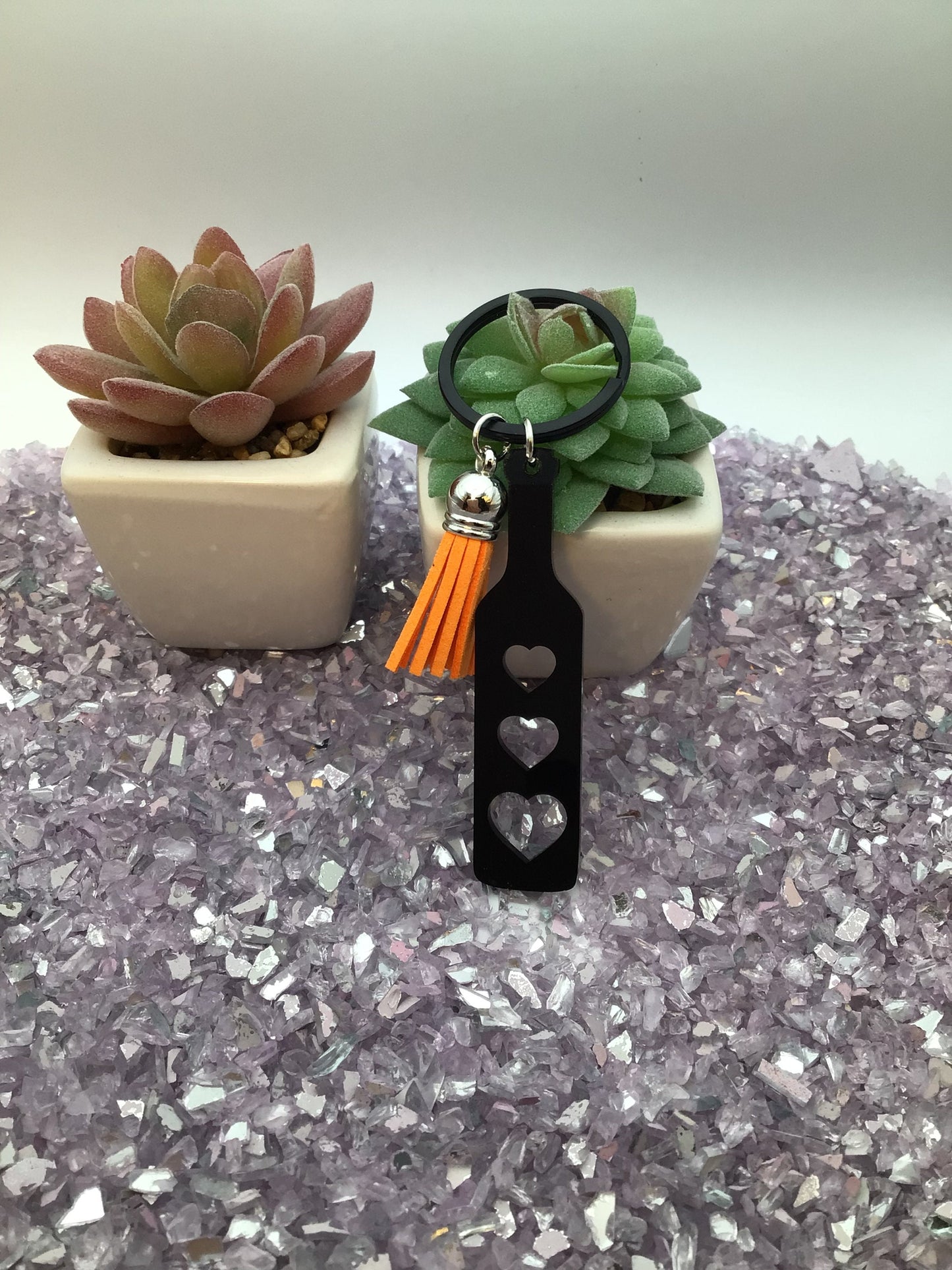 BDSM Heart Paddle Keyring, Black Acrylic w/Orange Tassel