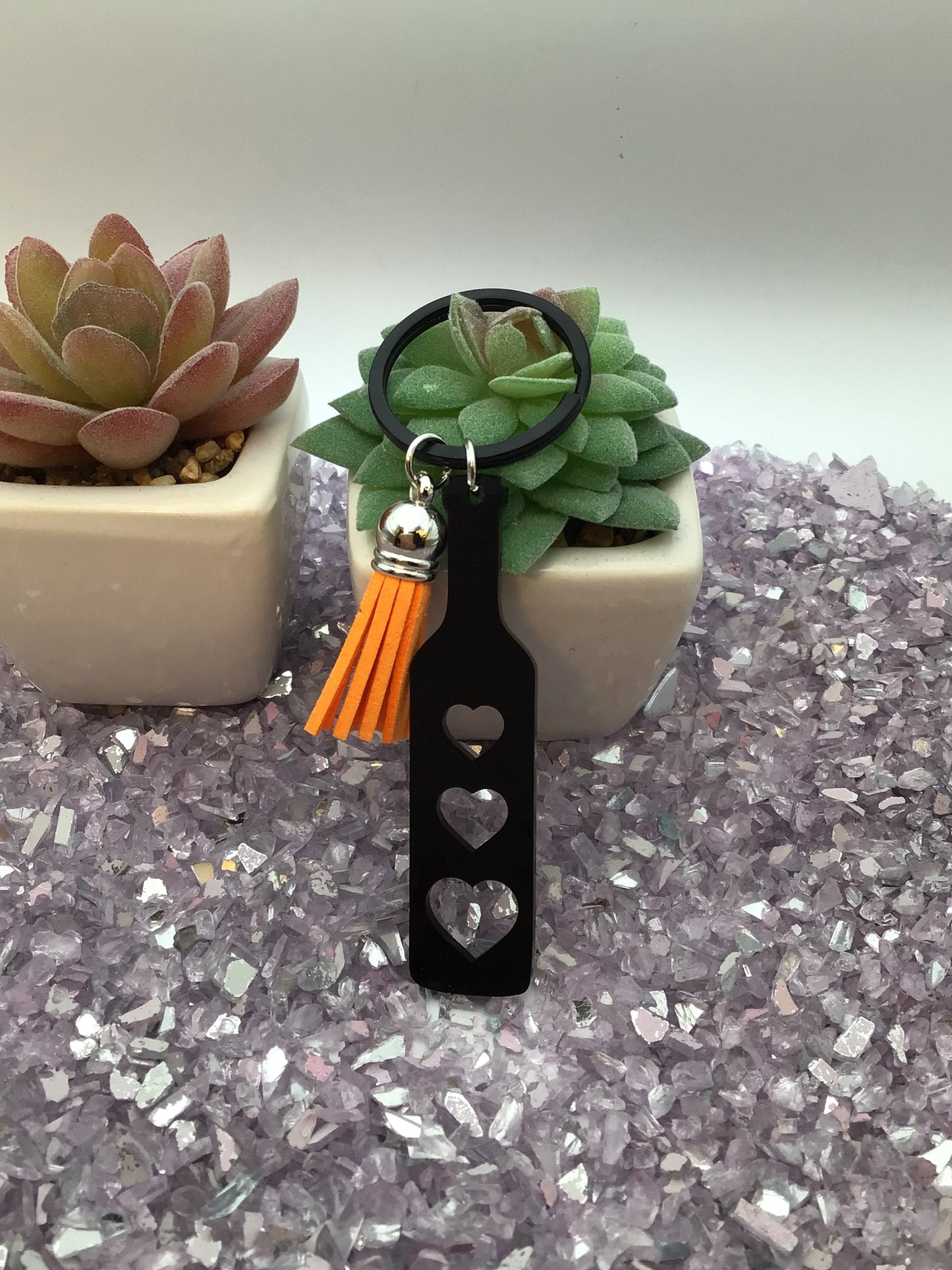 BDSM Heart Paddle Keyring, Black Acrylic w/Orange Tassel