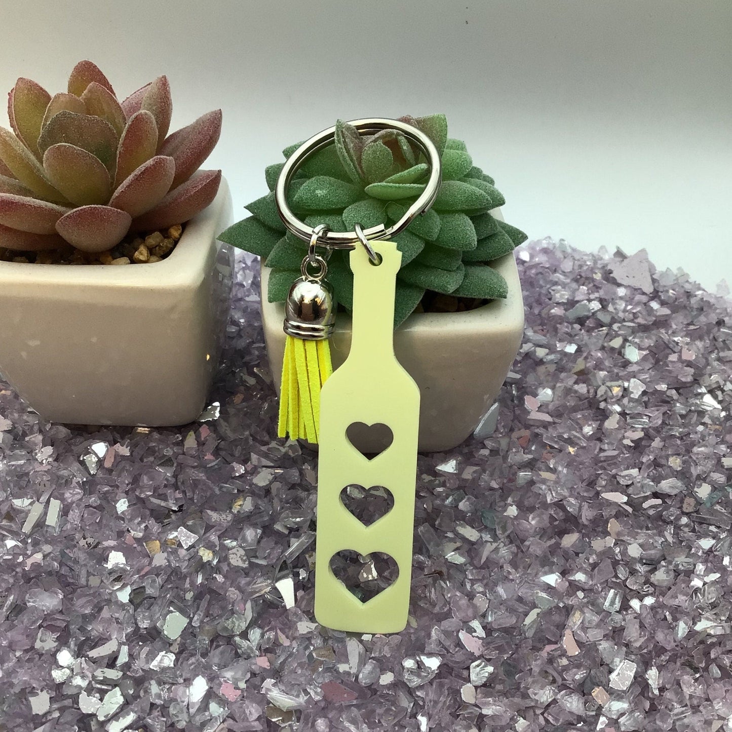 BDSM Heart Paddle Keyring, Buttercup Yellow Acrylic w/Neon Yellow Tassel