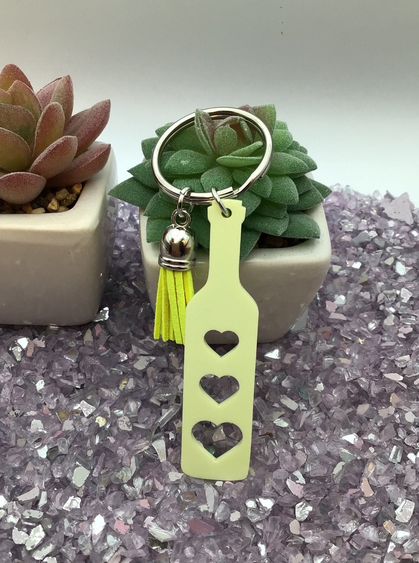 BDSM Heart Paddle Keyring, Buttercup Yellow Acrylic w/Neon Yellow Tassel