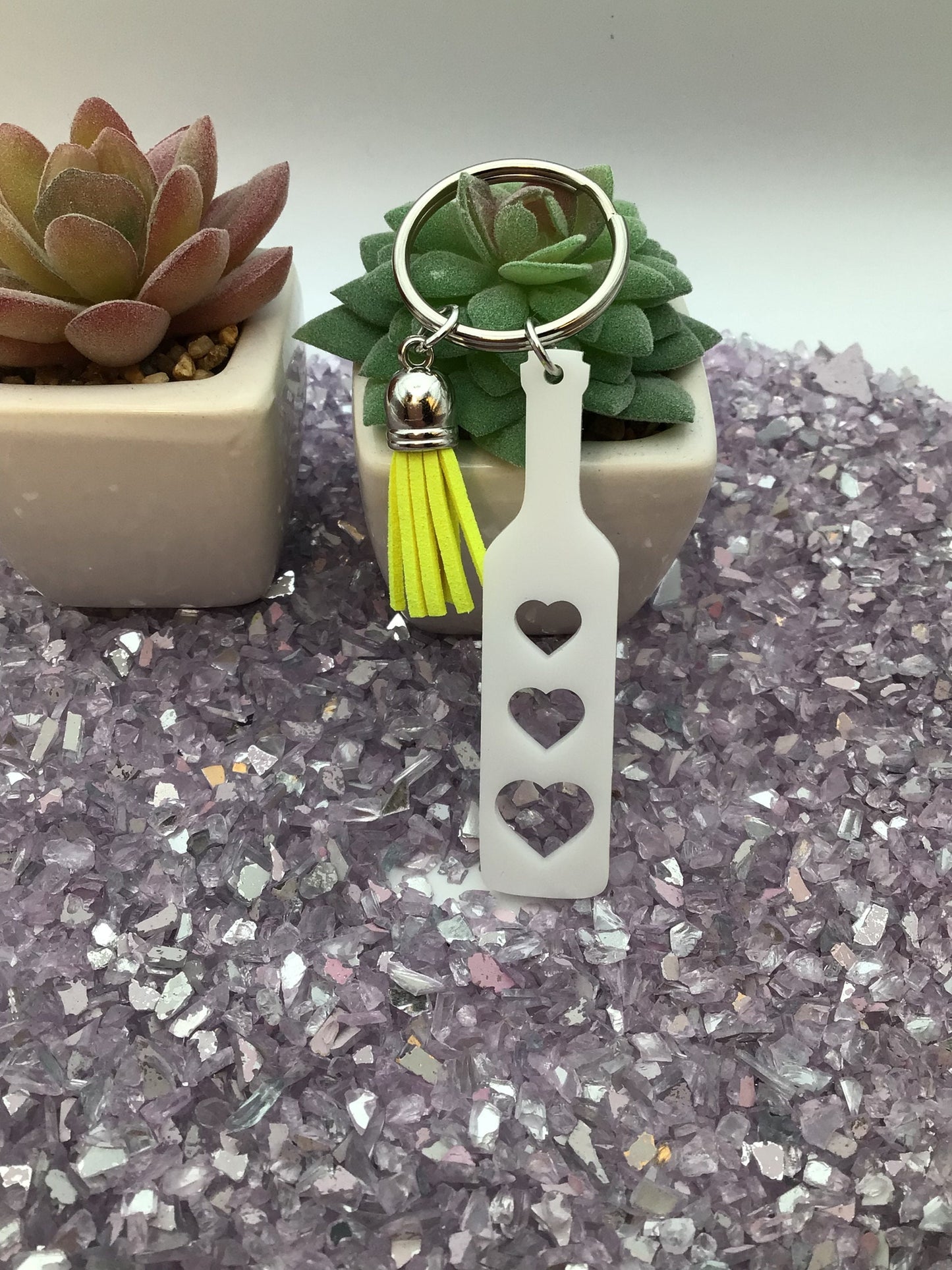 BDSM Heart Paddle Keyring, White Acrylic w/Neon Yellow Tassel