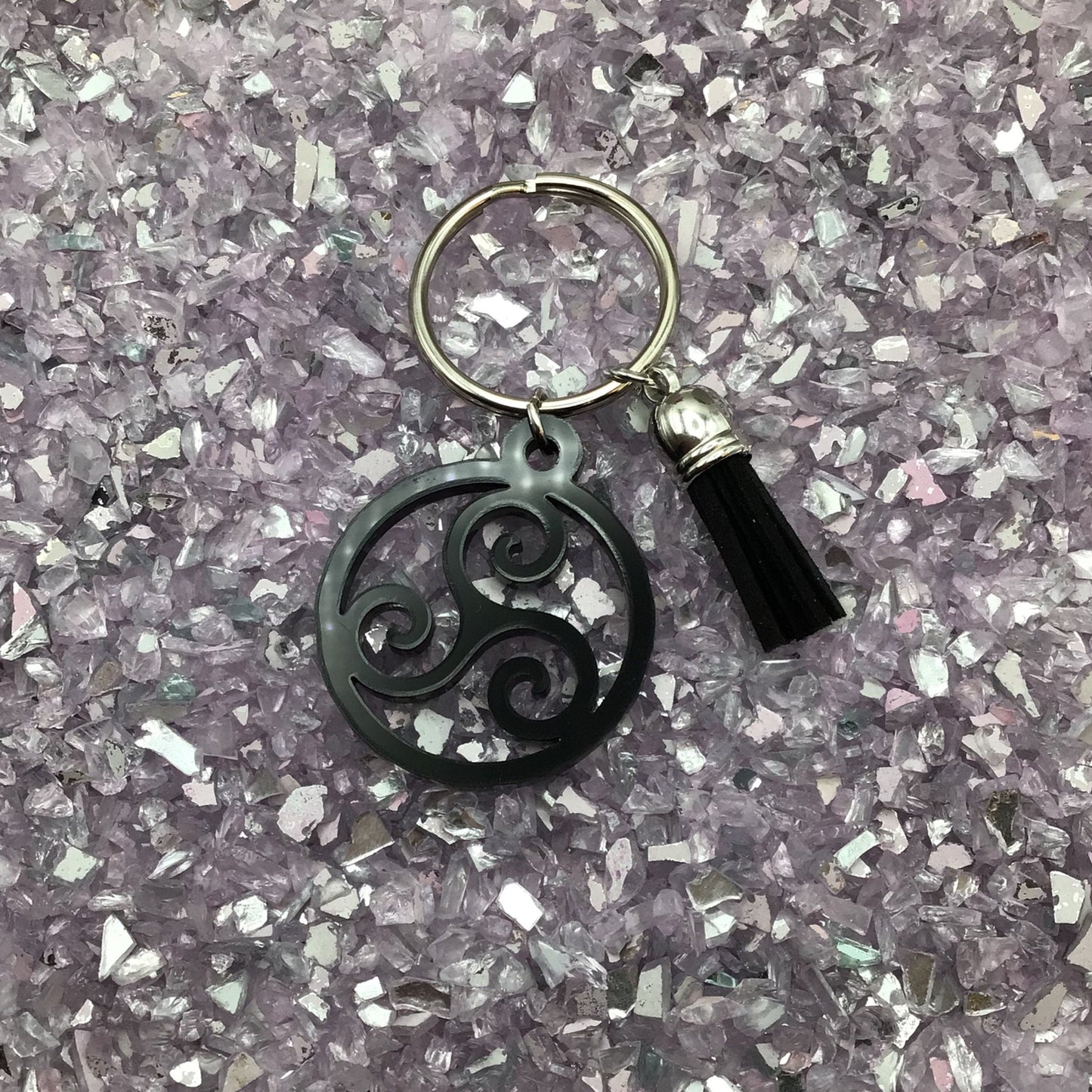 BDSM Triskelion Keyring, Black Acrylic & Tassel