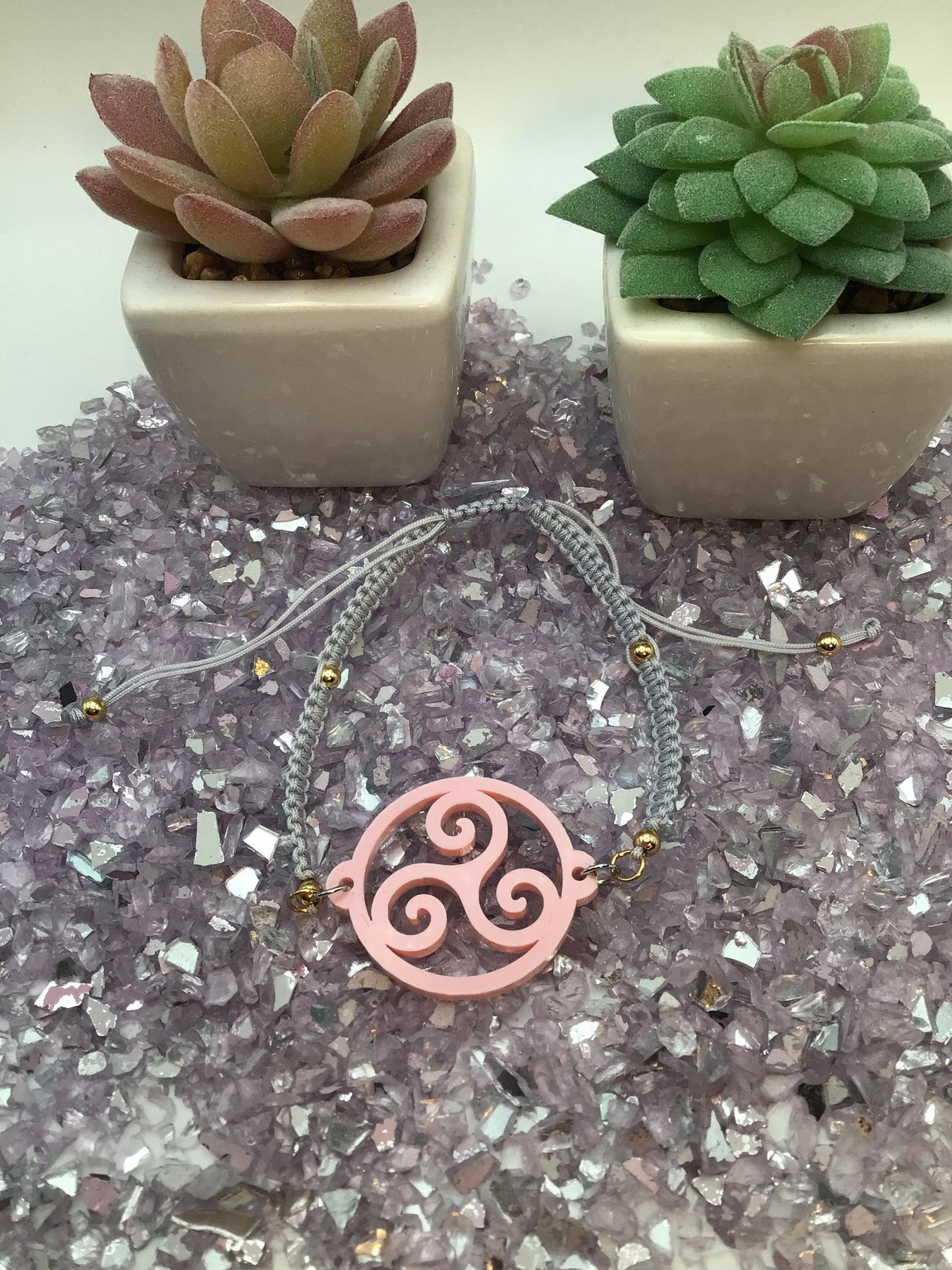 BDSM Triskelion Rose Pink Acrylic on Adjustable Gray Bracelet