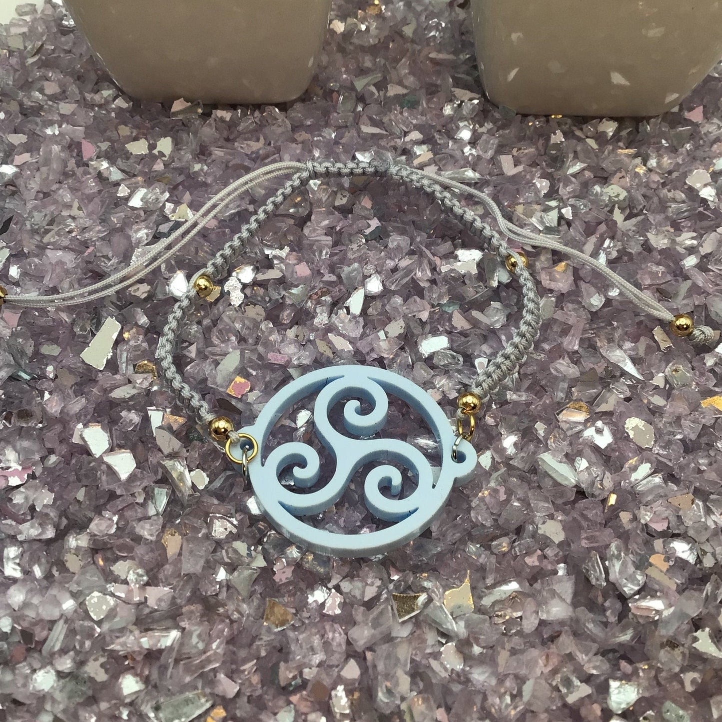 BDSM Triskelion Baby Blue Acrylic on Adjustable Gray Bracelet