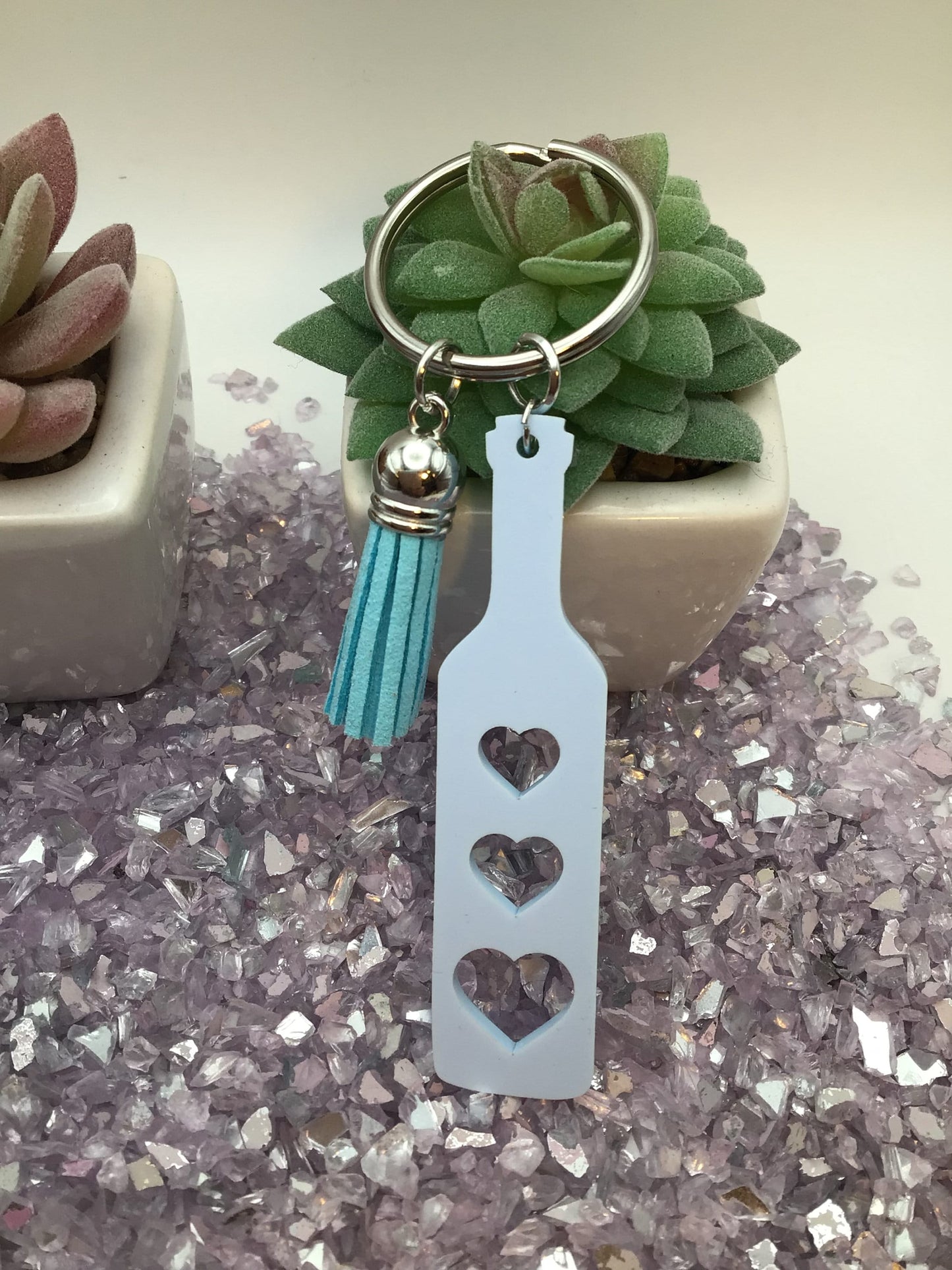 BDSM Heart Paddle Keyring, Baby Blue Acrylic