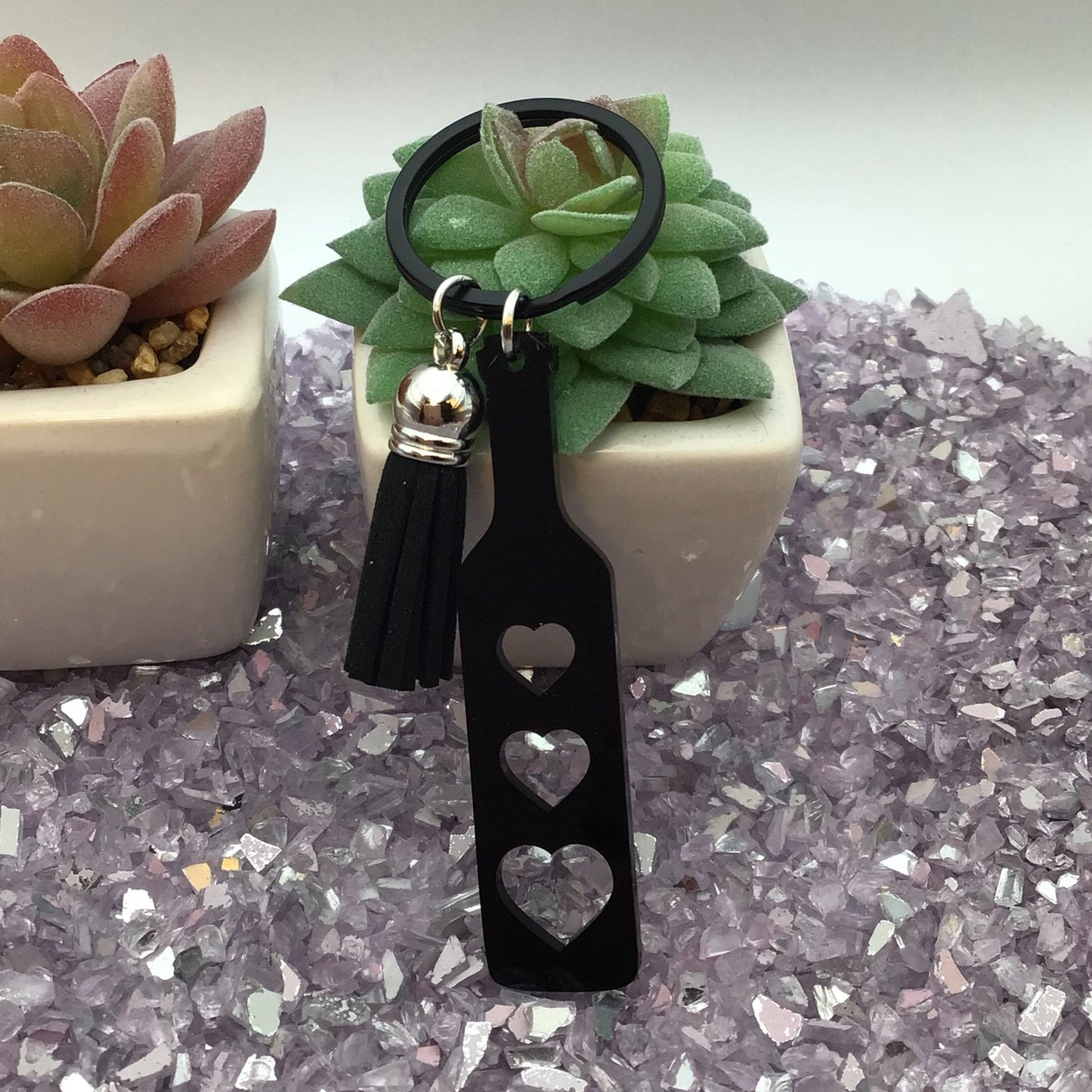 BDSM Heart Paddle Keyring, Black Acrylic w/Black Tassel