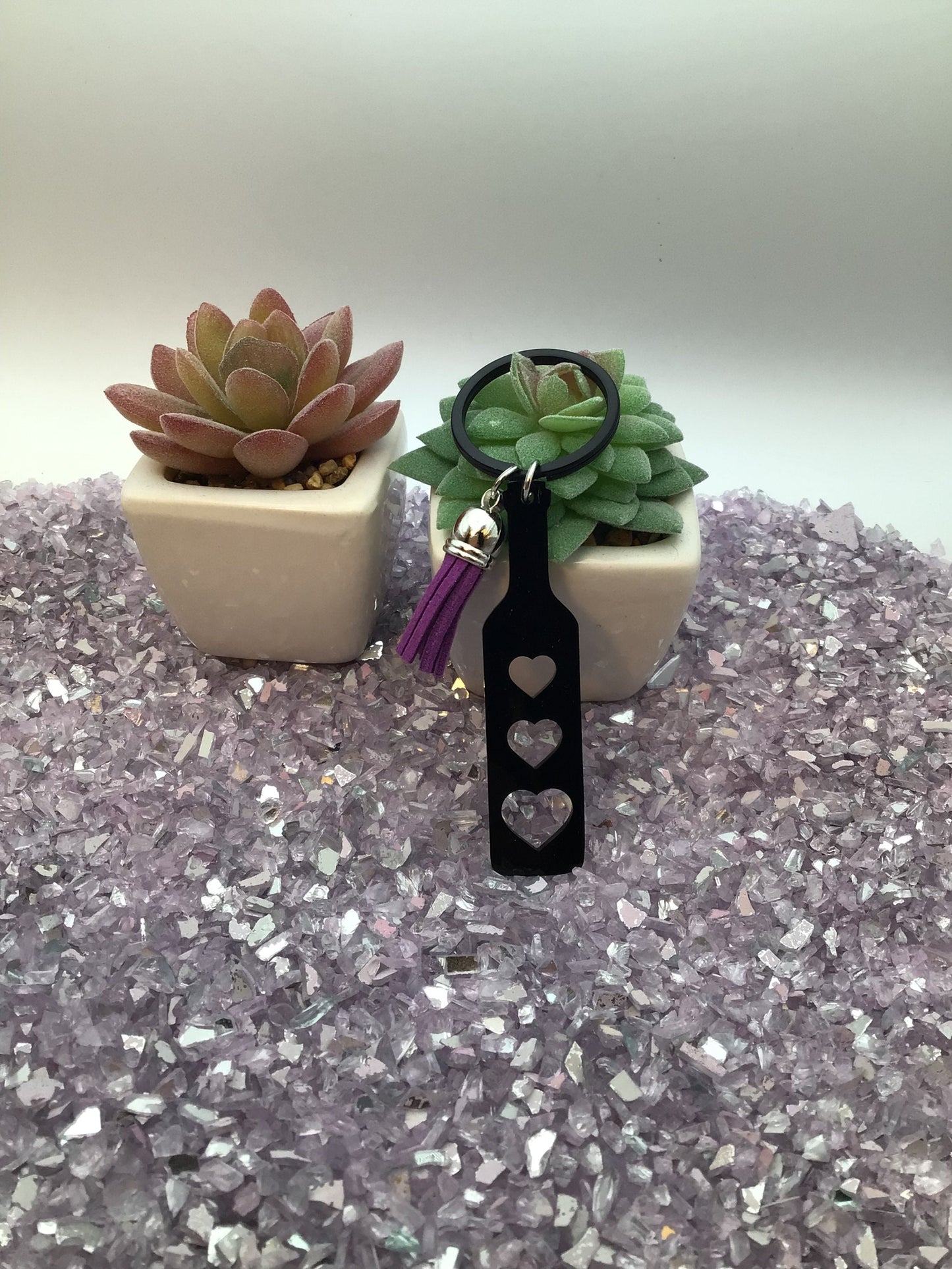 BDSM Heart Paddle Keyring, Black Acrylic w/Purple Tassel